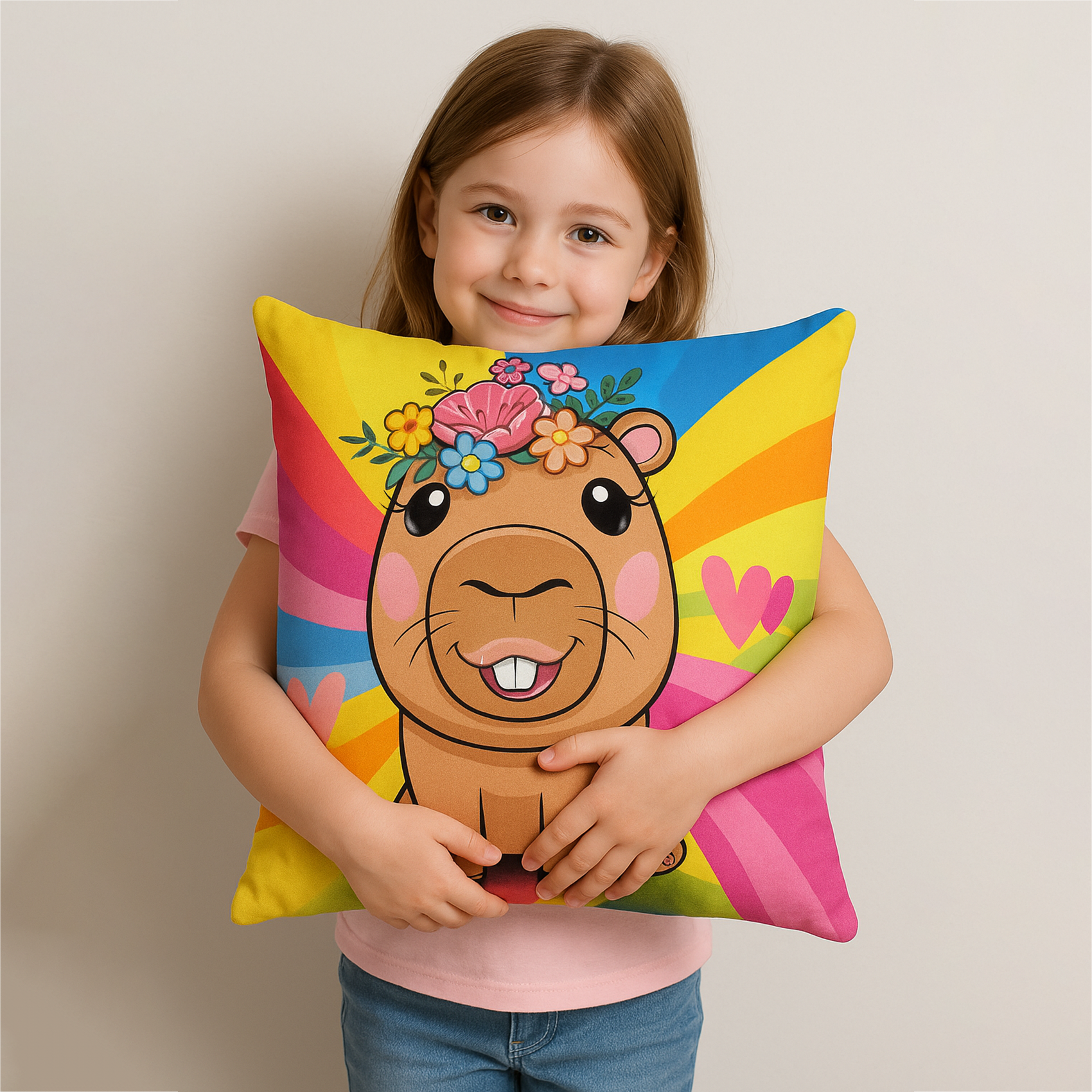 Cojín Reversible Infantil 45x45 Ultra Suave Capibara Arcoíris Providencia®