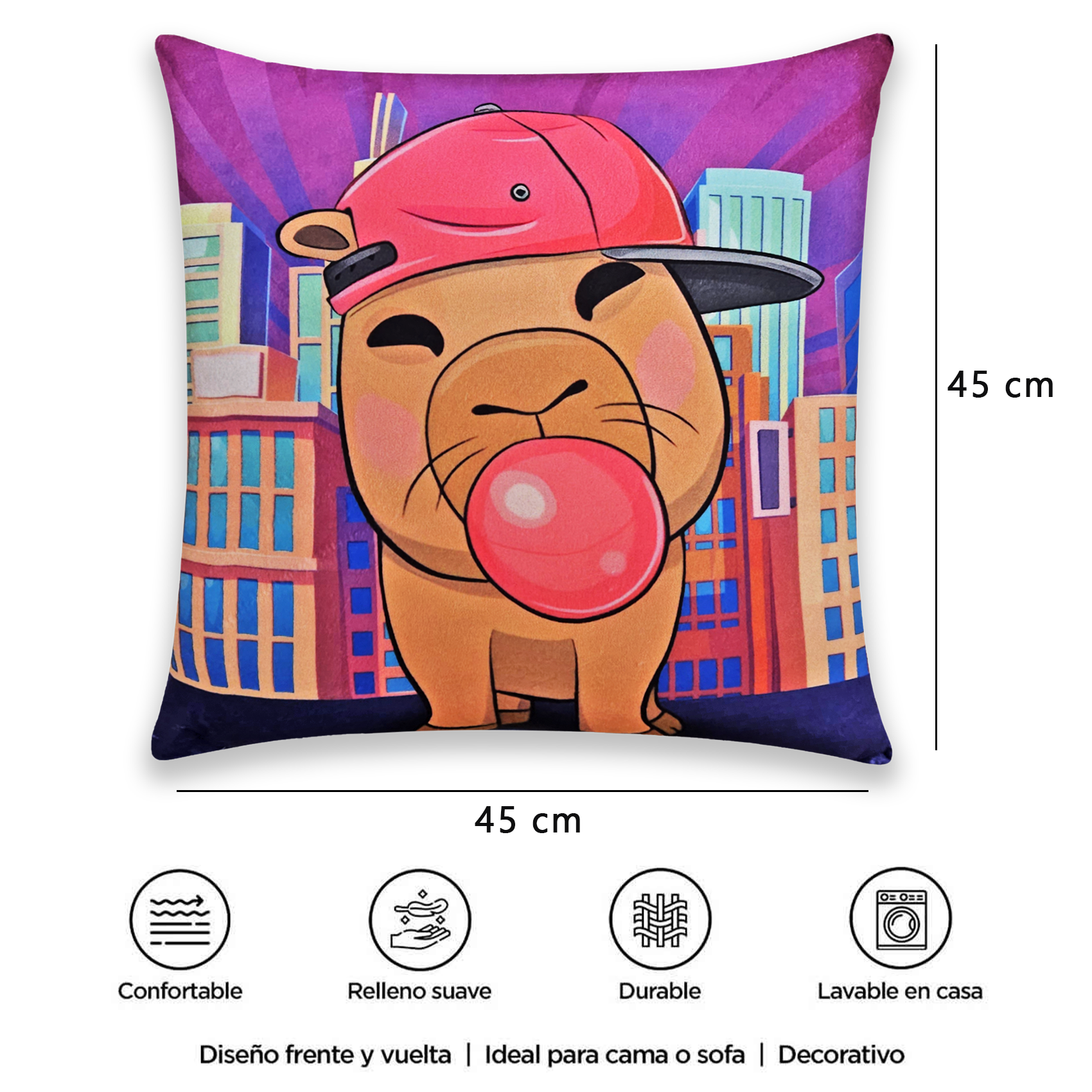 Cojín Reversible Infantil 45x45 Ultra Suave Capibara Feliz Providencia®