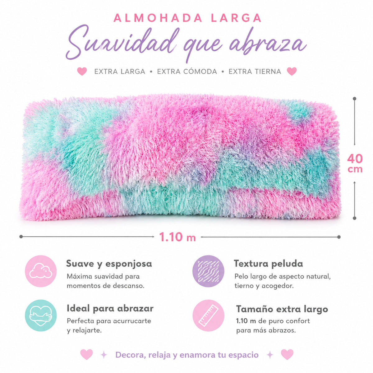 Almohada Abrazable Peluda 110cm X 40 Cm Marca Pillow Lart® Multicolor