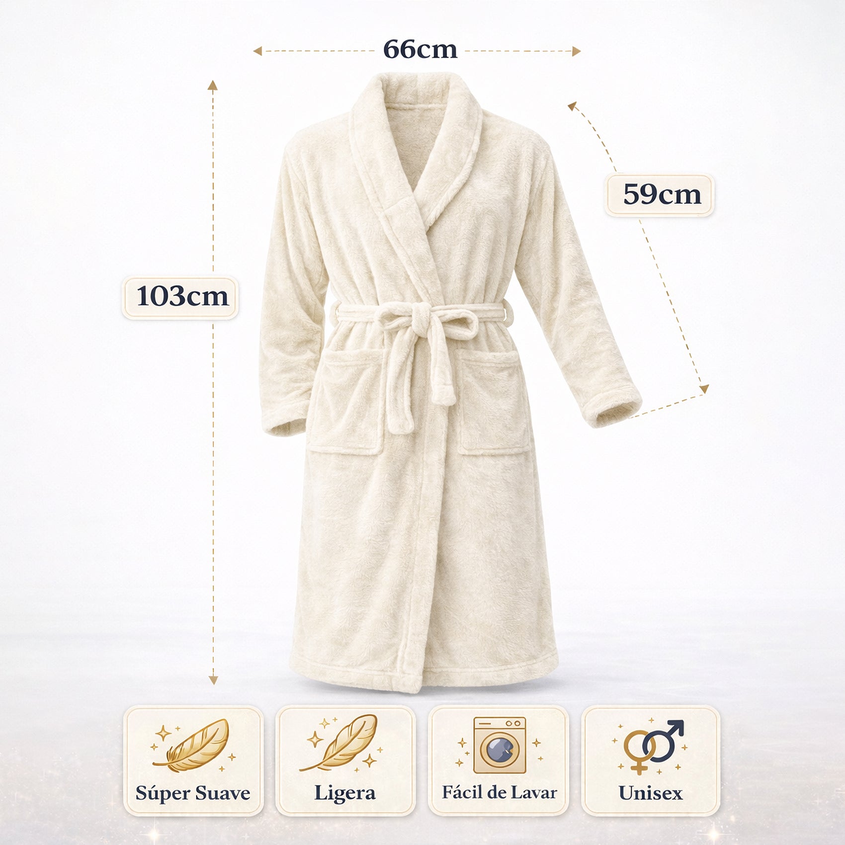 Bata De Descanso Suave 103x66cm Manga Larga Unisex Beige