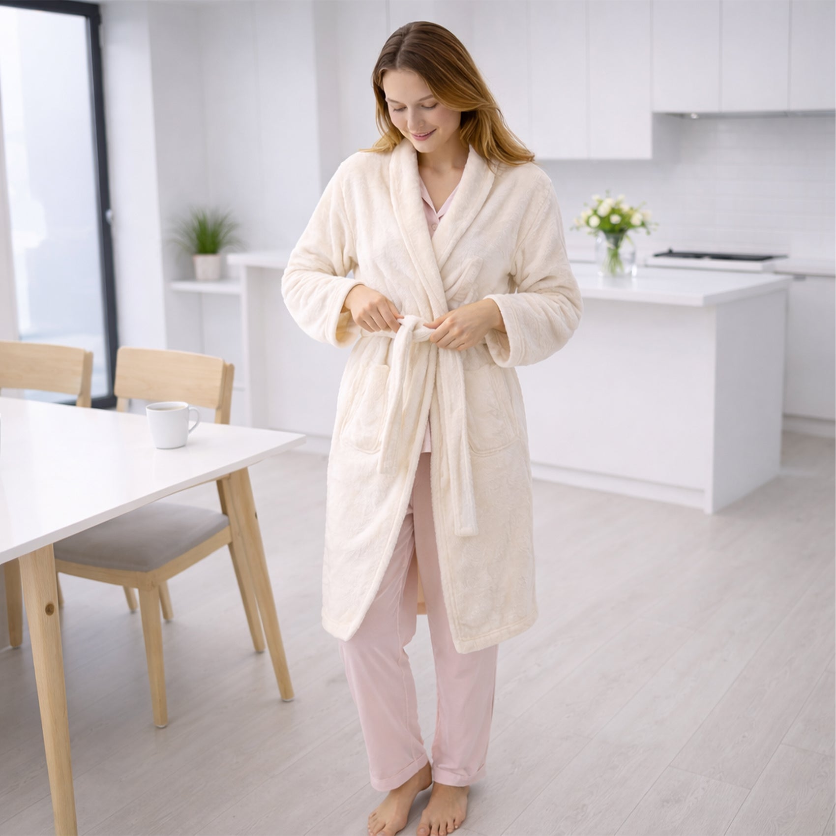 Bata De Descanso Suave 103x66cm Manga Larga Unisex Beige