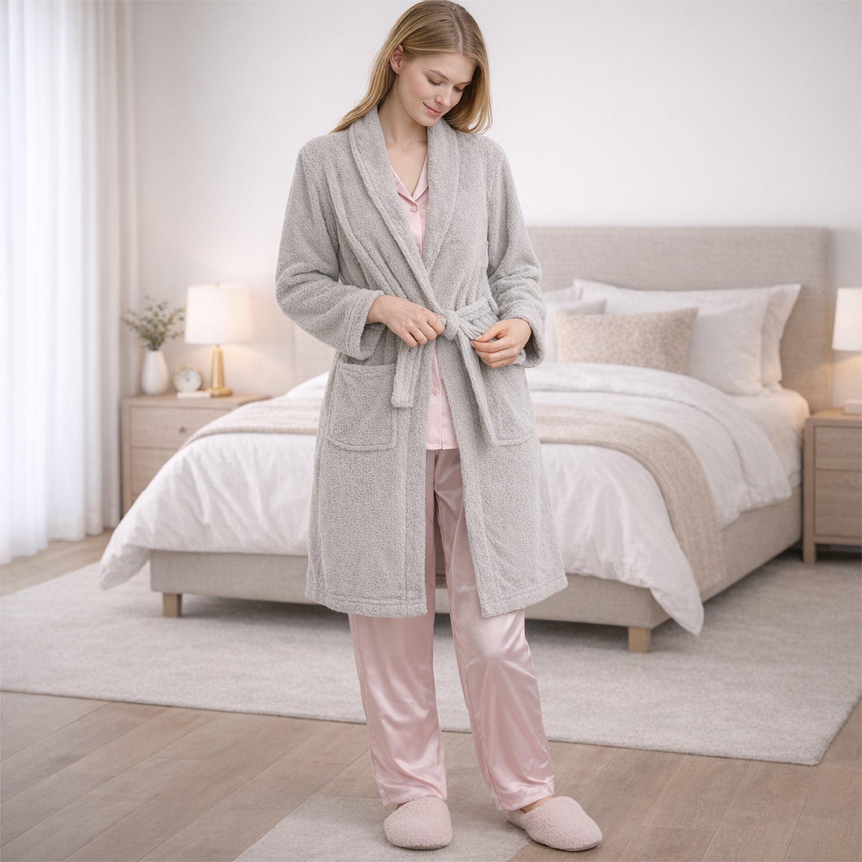 Bata De Descanso Suave 103x66cm Manga Larga Unisex Gris