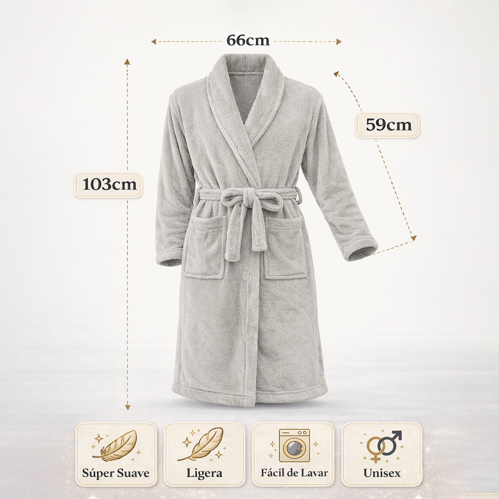 Bata De Descanso Suave 103x66cm Manga Larga Unisex Gris