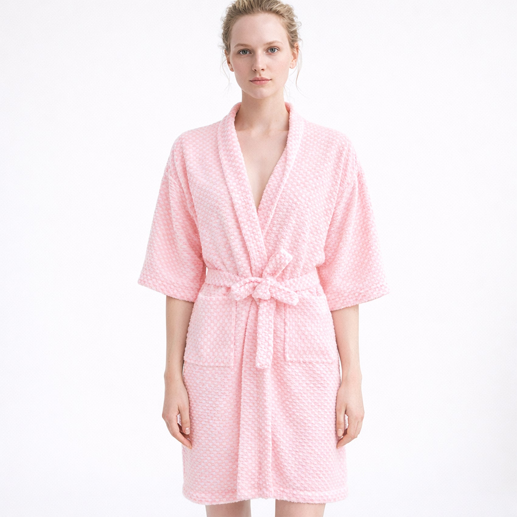 Bata Domino Suave Para Descanso / Baño Con Bolsillos Unisex Rosa
