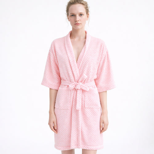Bata Domino Suave Para Descanso / Baño Con Bolsillos Unisex Rosa