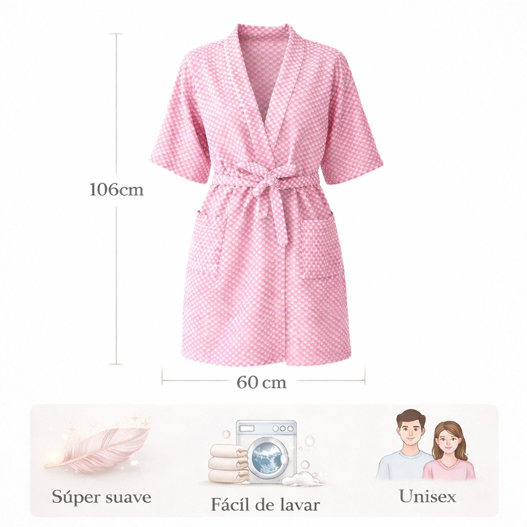 Bata Domino Suave Para Descanso / Baño Con Bolsillos Unisex Rosa Chicle