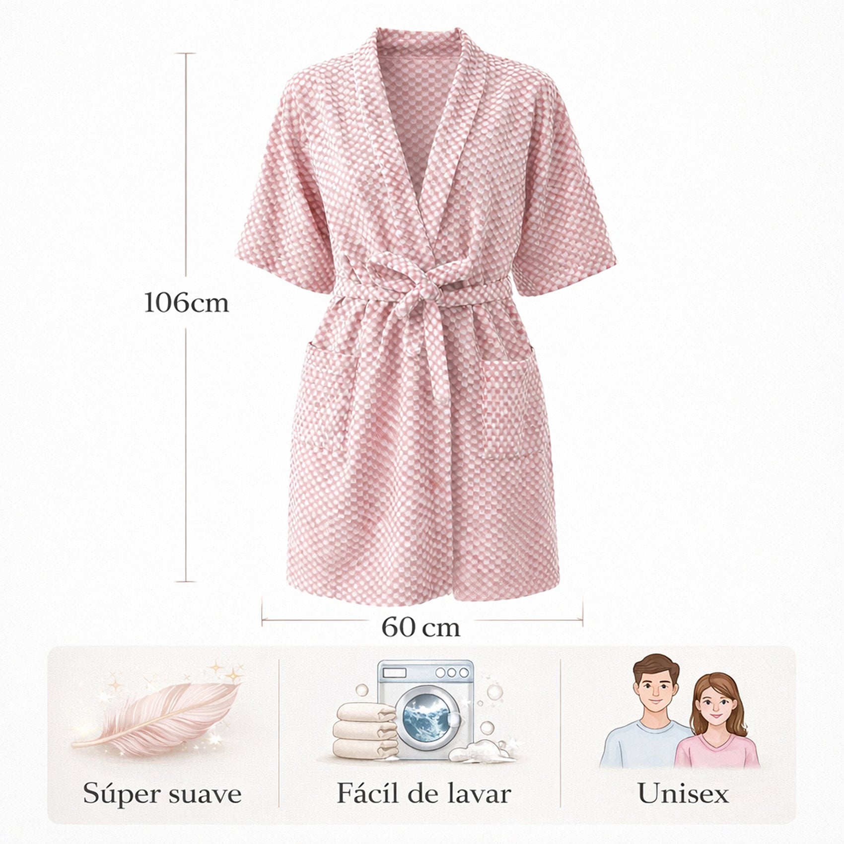 Bata Domino Suave Para Descanso / Baño Con Bolsillos Unisex Rosa Palo
