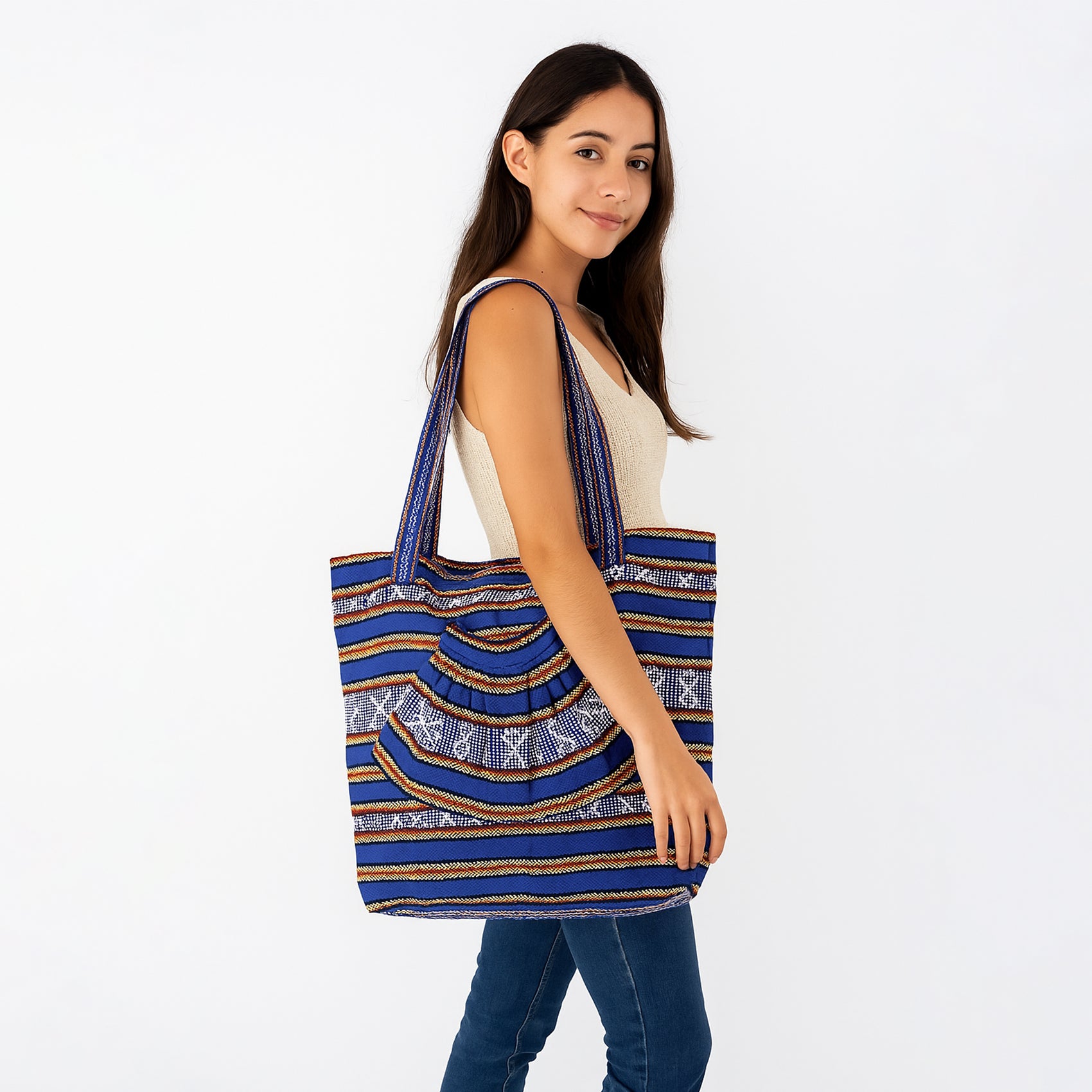 Bolsa Artesanal Abanico Tipo Tote Para Mujer 50x40cm Azul