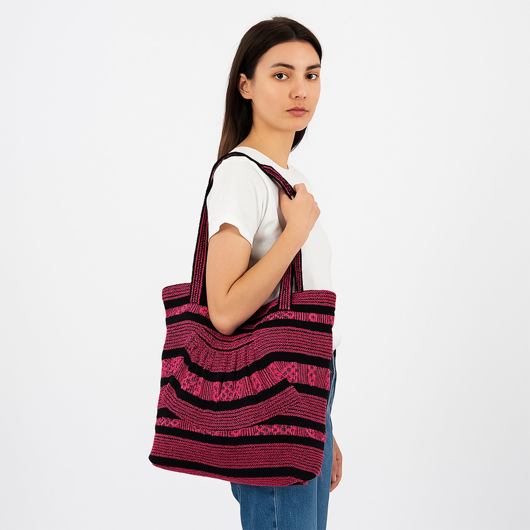 Bolsa Artesanal Abanico Tipo Tote Para Mujer 50x40cm Fucsia
