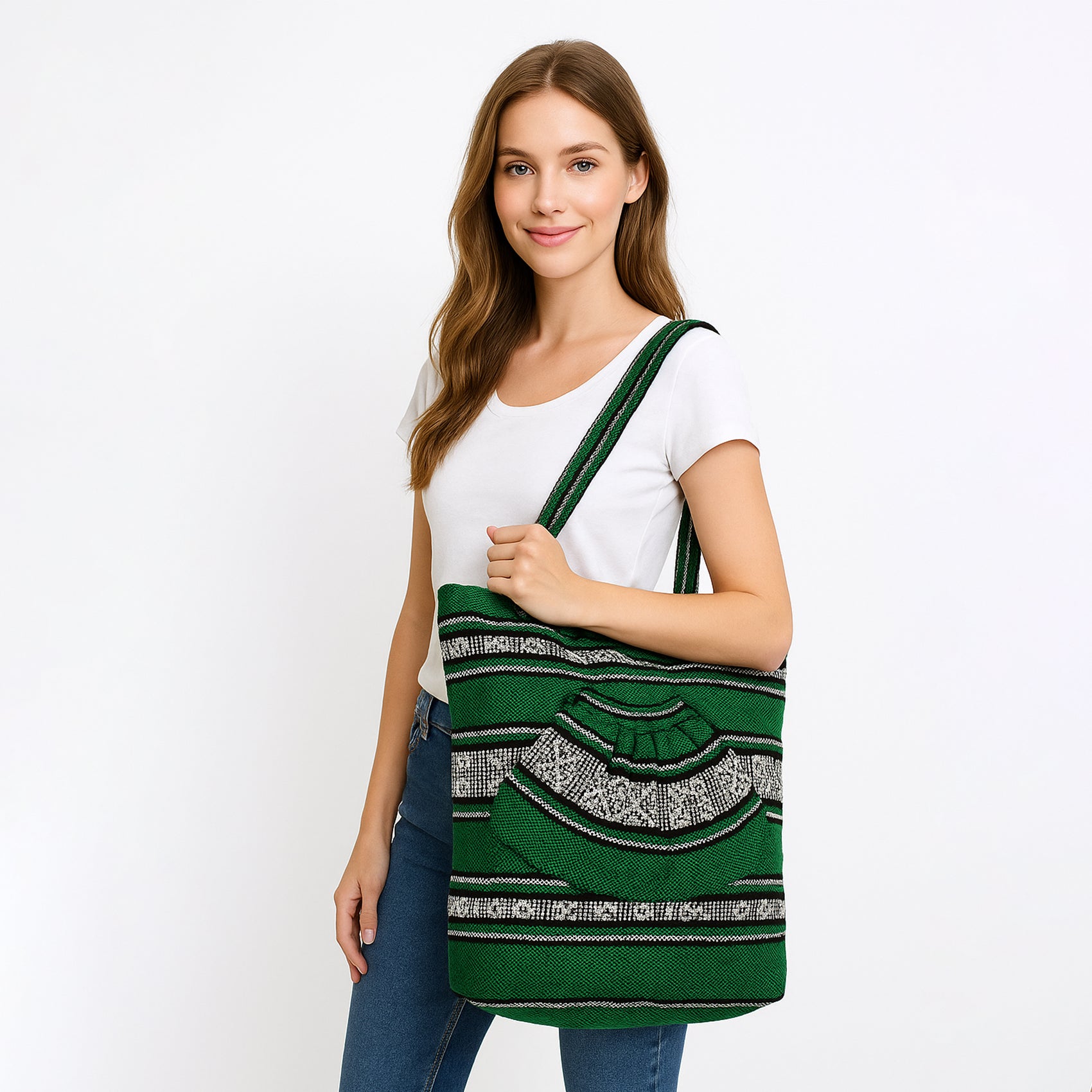 Bolsa Artesanal Abanico Tipo Tote Para Mujer 50x40cm Verde