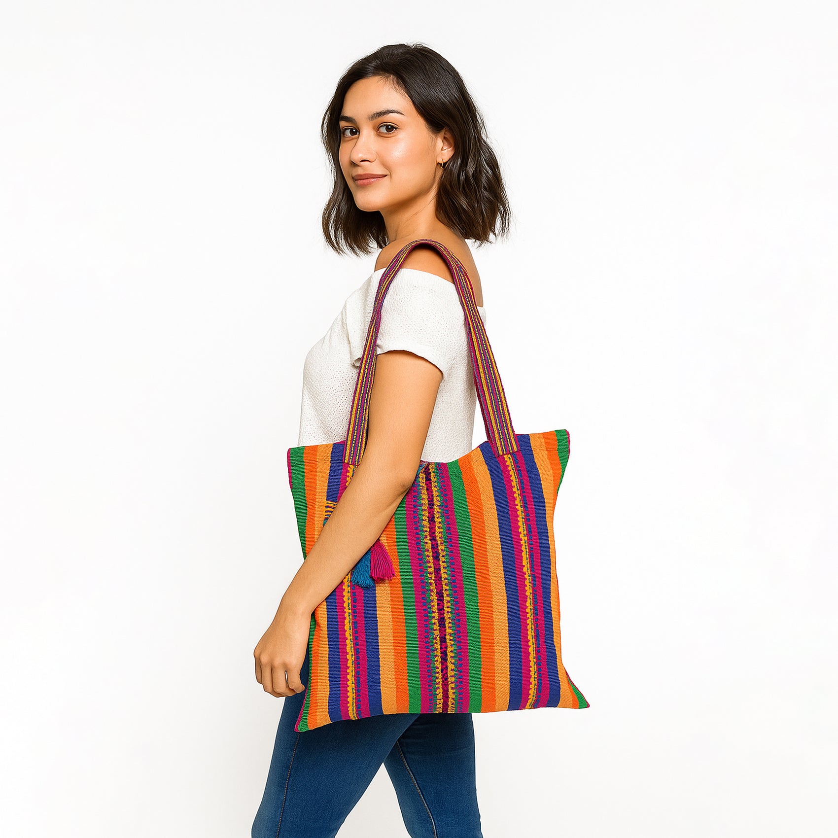 Bolsa Artesanal Mexicana Tipo Tote Bag Para Mujer 45x45cm Multicolor