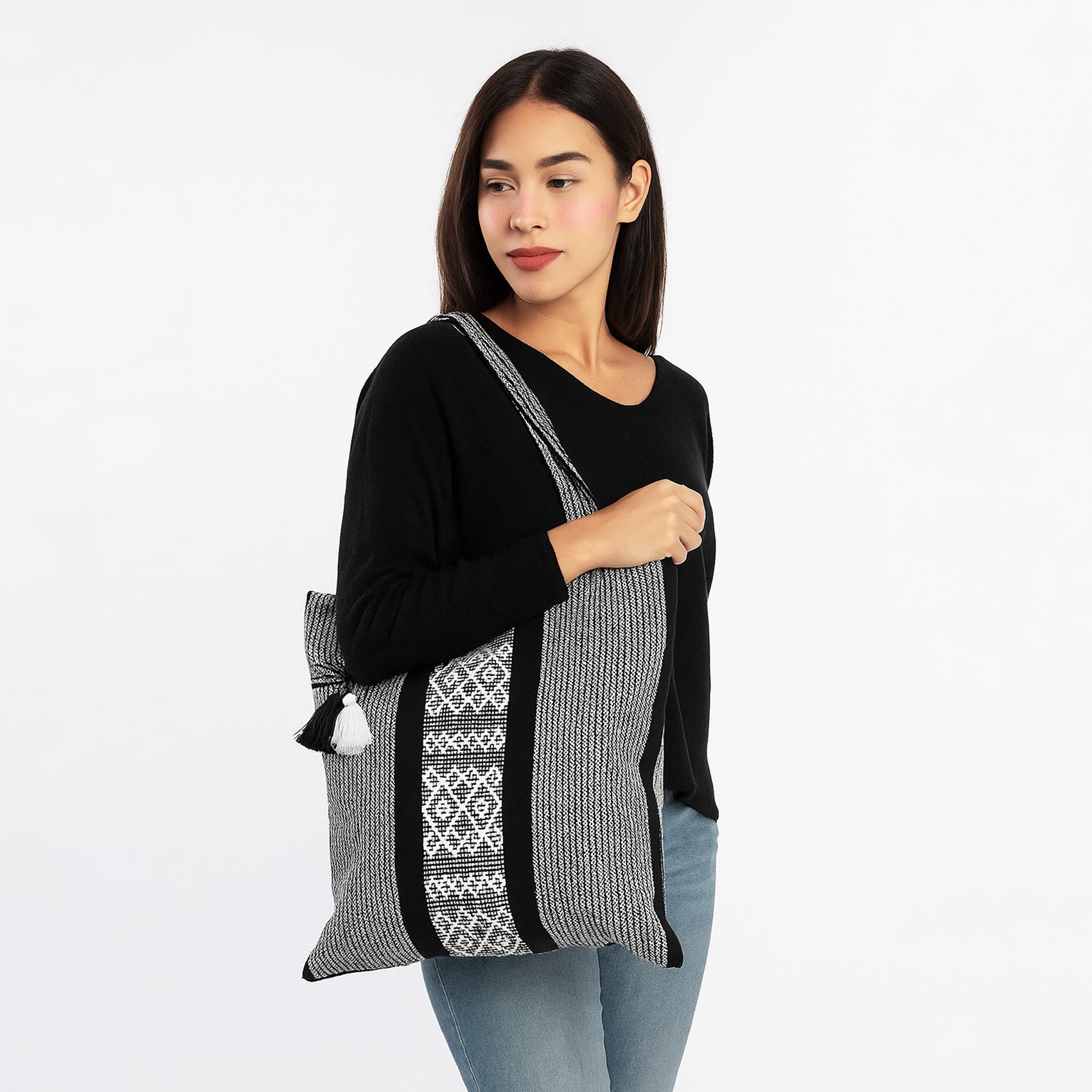 Bolsa Artesanal Mexicana Tipo Tote Bag Para Mujer 45x45cm Negro