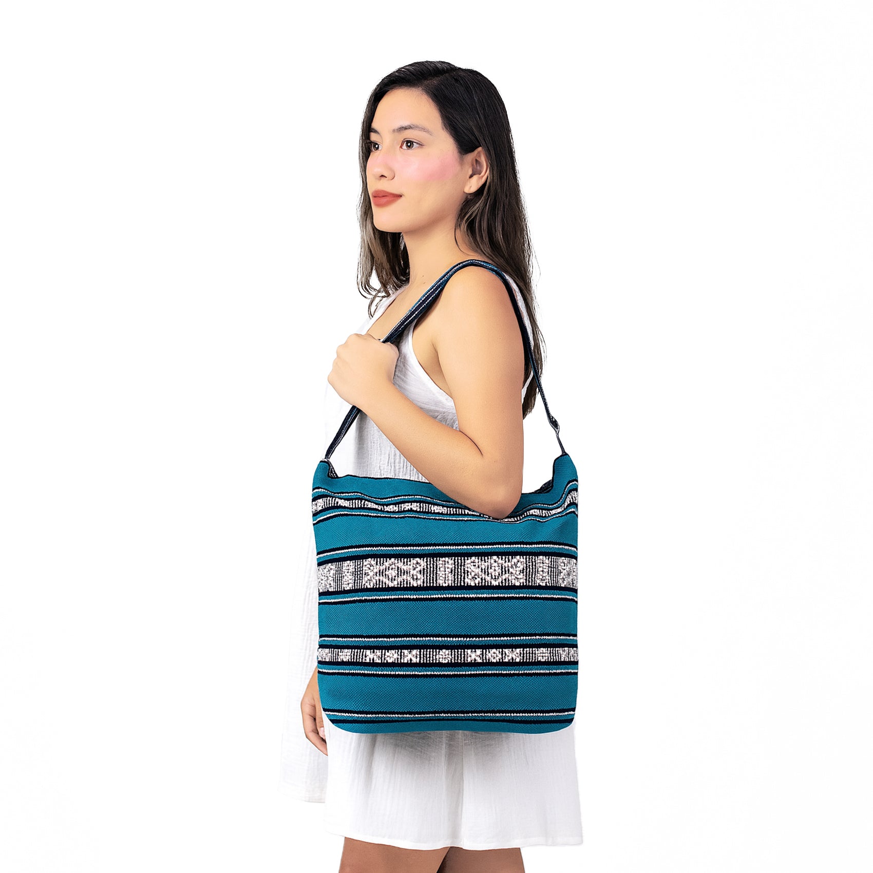Bolsa Artesanal De Playa Tipo Tote Para Mujer 52x42cm Azul Petroleo
