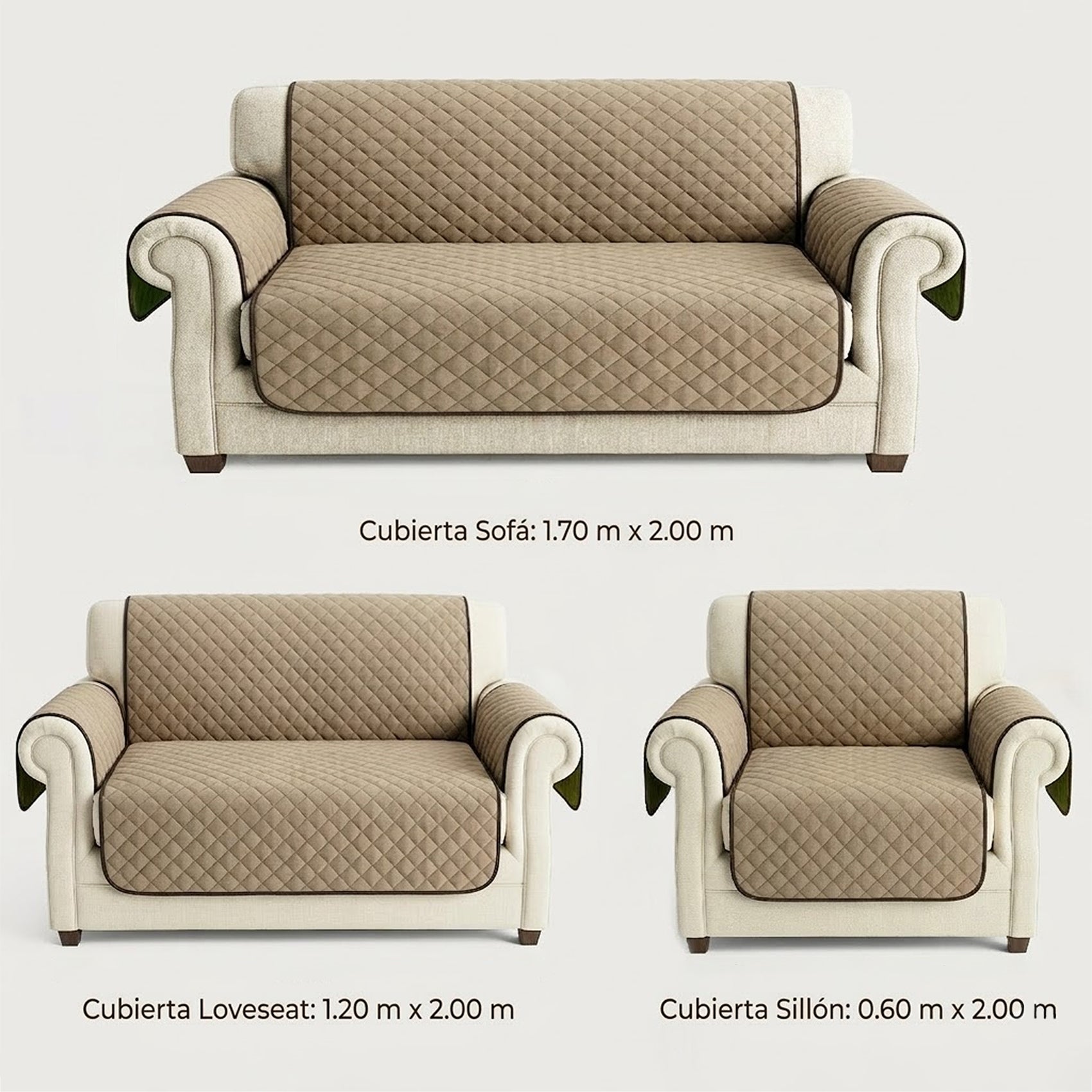 Cubre Sala Protector De Sillones 3pz Doble Vista Repelente Marrón claro/ Verde musgo