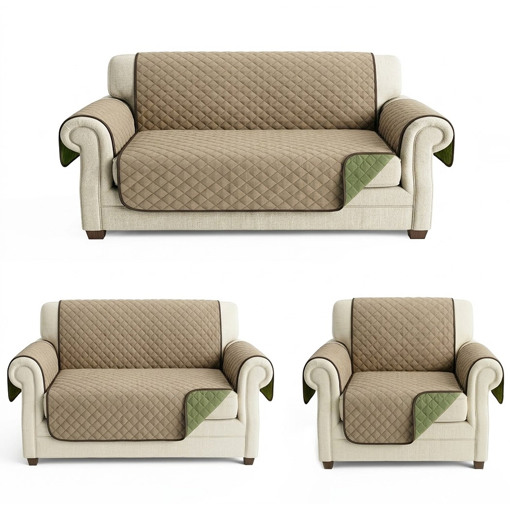Cubre Sala Protector De Sillones 3pz Doble Vista Repelente Marrón claro/ Verde musgo
