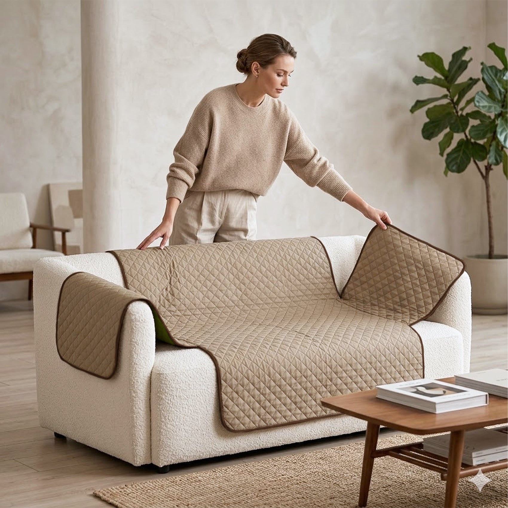 Cubre Sala Protector De Sillones 3pz Doble Vista Repelente Marrón claro/ Verde musgo