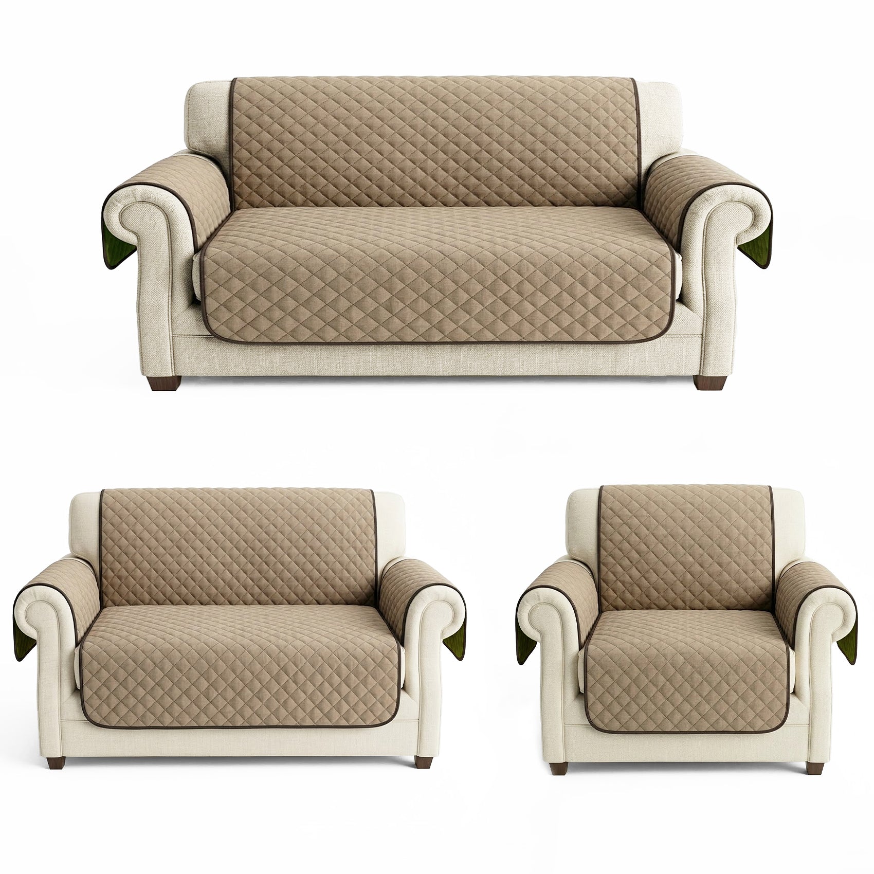 Cubre Sala Protector De Sillones 3pz Doble Vista Repelente Marrón claro/ Verde musgo