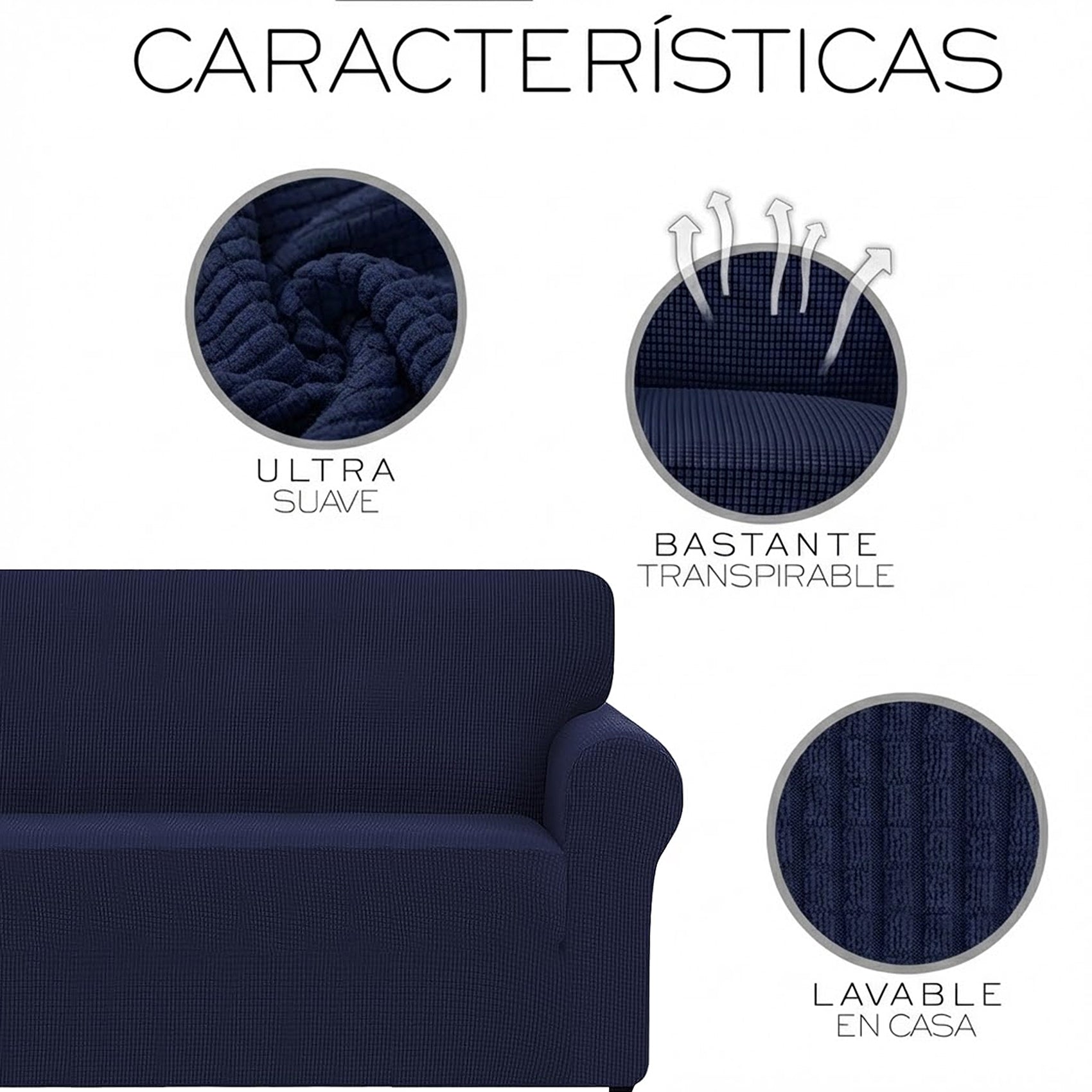 Cubre Sala Set 3 Piezas Estirable Ajuste Perfecto Azul Oscuro Geométrico