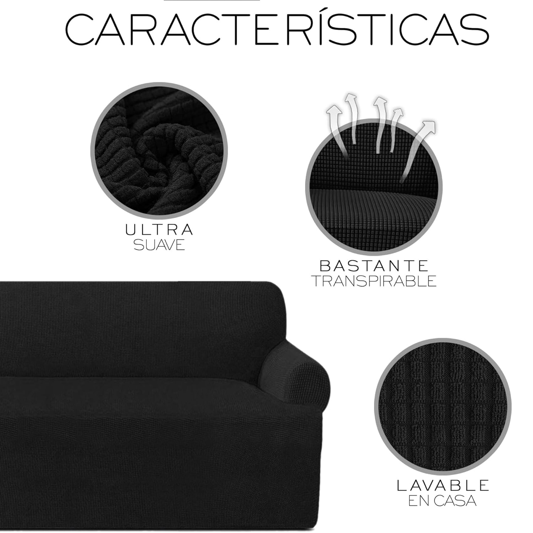 Cubre Sala Set 3 Piezas Estirable Ajuste Perfecto Negro Geométrico