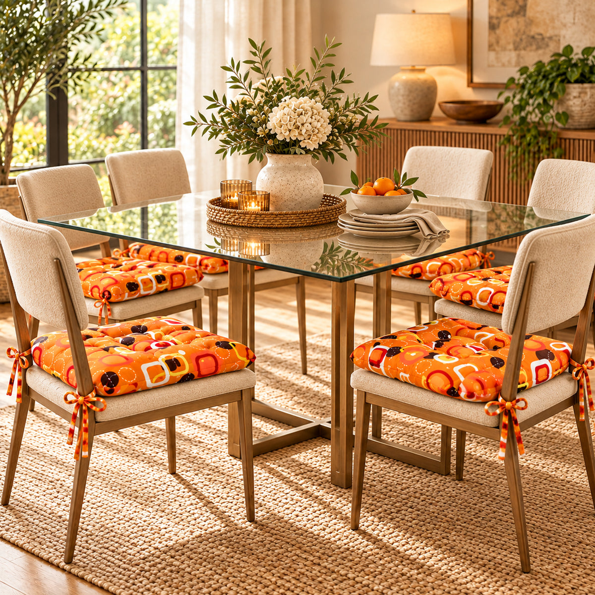 Cojín Para Silla Comedor 6pz Con Cintas De Sujeción Óvalos Naranja