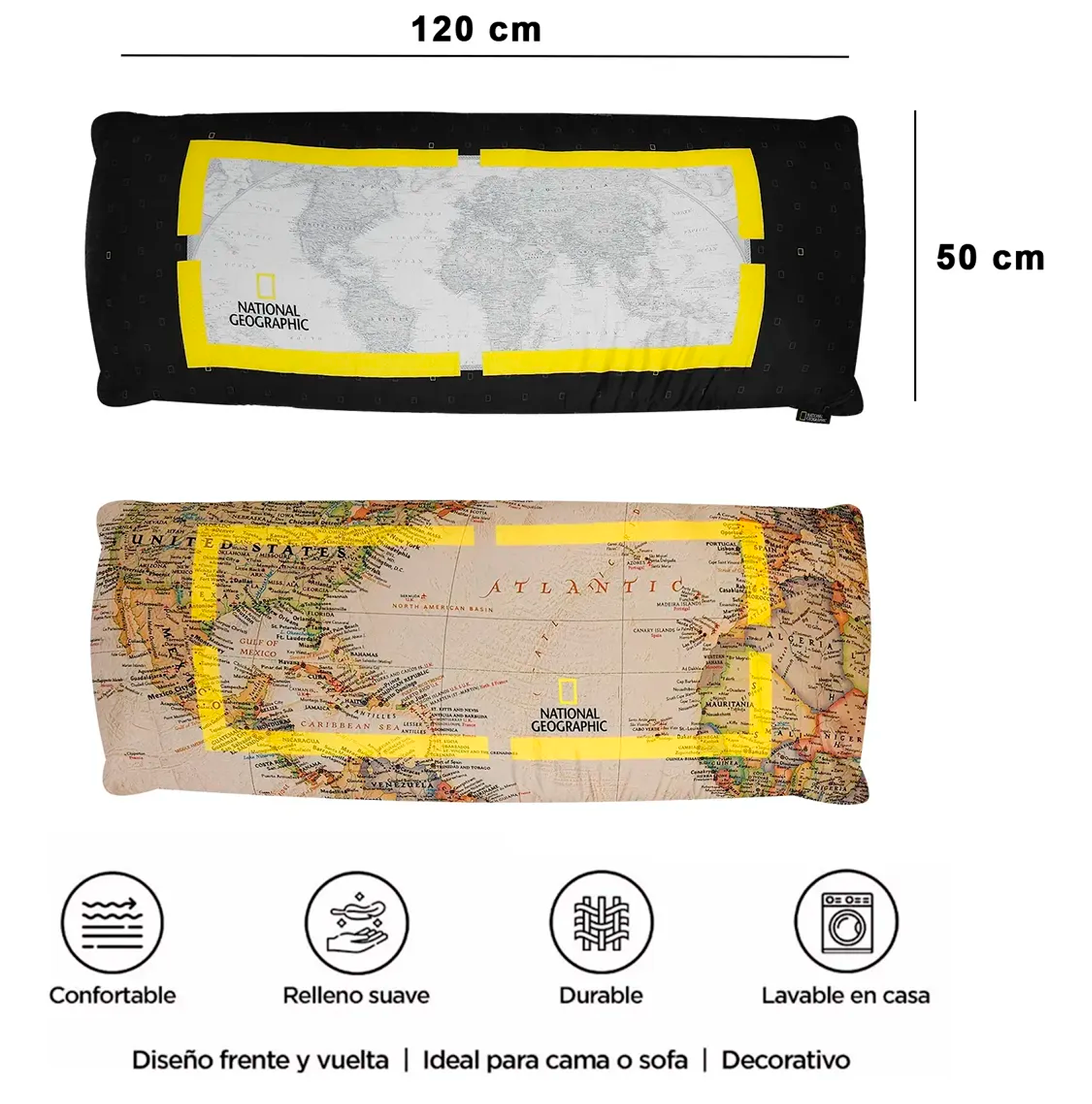 Almohada Súper Jumbo Ligera 120x50 Doble Vista Providencia® National Geographic Mapa