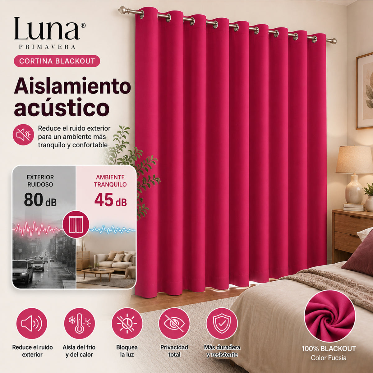 Set De Cortinas Blackout 2pz 1.37 X 2.13mts Marca Luna® Fucsia