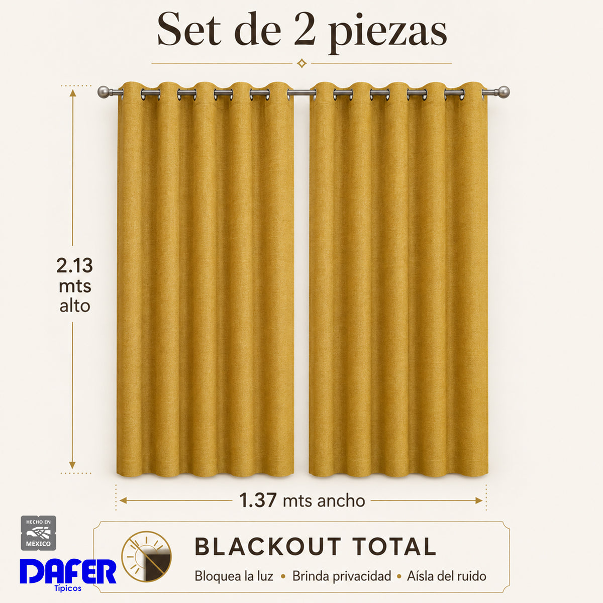 Set De Cortinas Blackout Impermeables 1.37 X 2.13mts Luna® Mostaza