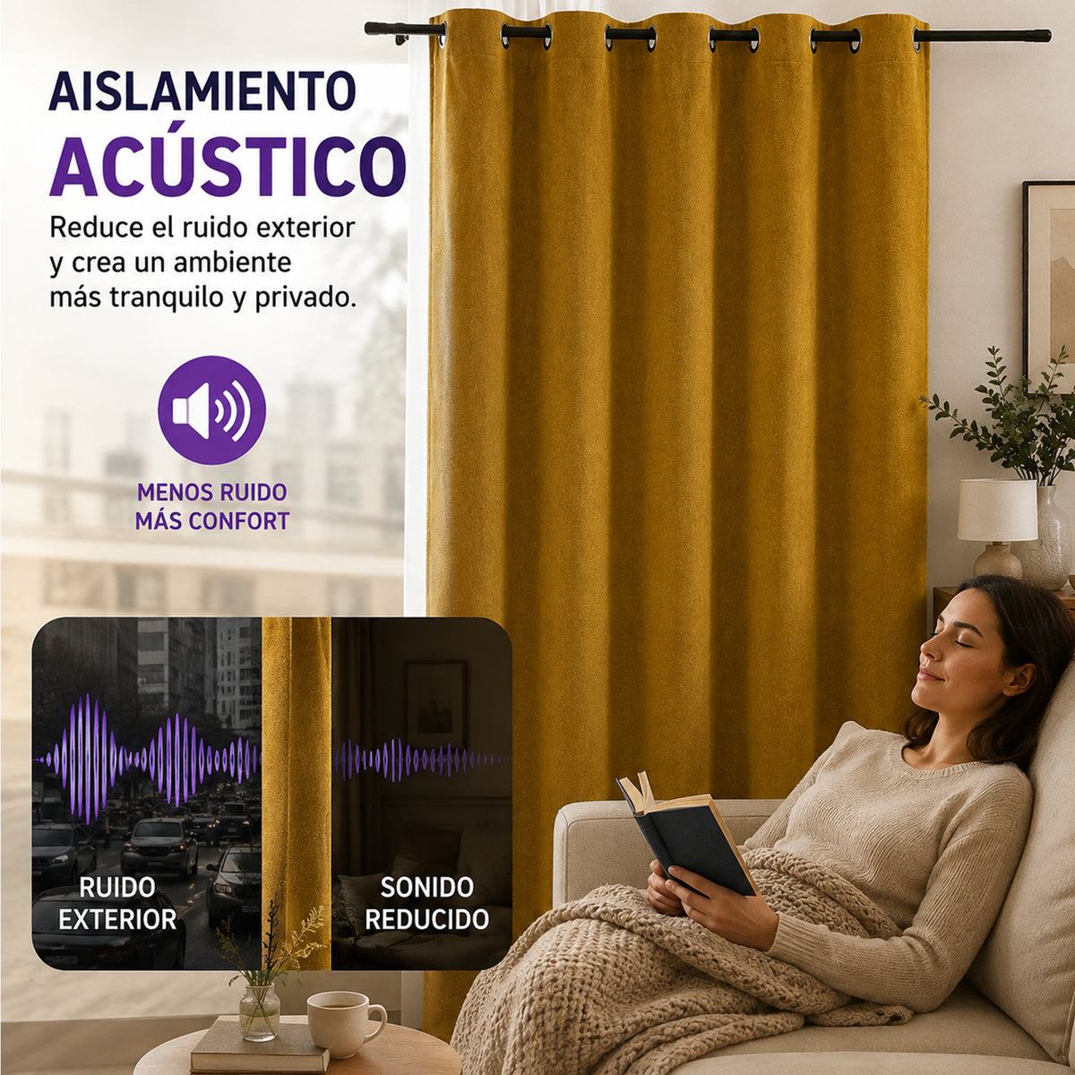 Set De Cortinas Blackout Impermeables 1.37 X 2.13mts Luna® Mostaza