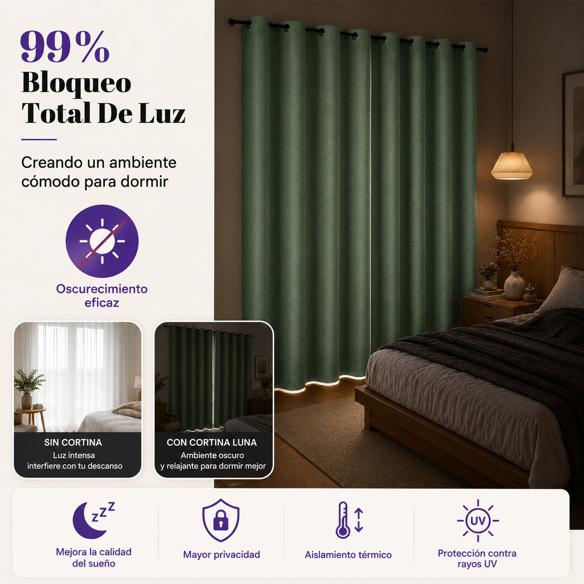Set De Cortinas Blackout Impermeables 1.37 X 2.13mts Luna® Verde Menta