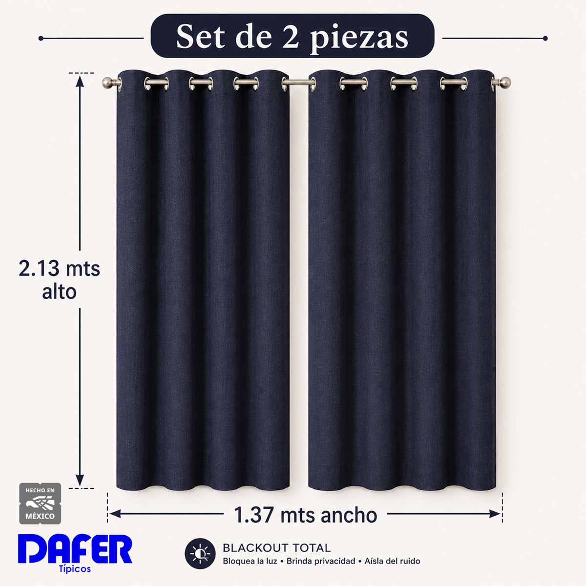Set De Cortinas Blackout Impermeables 1.37 X 2.13mts Luna® Azul Marino
