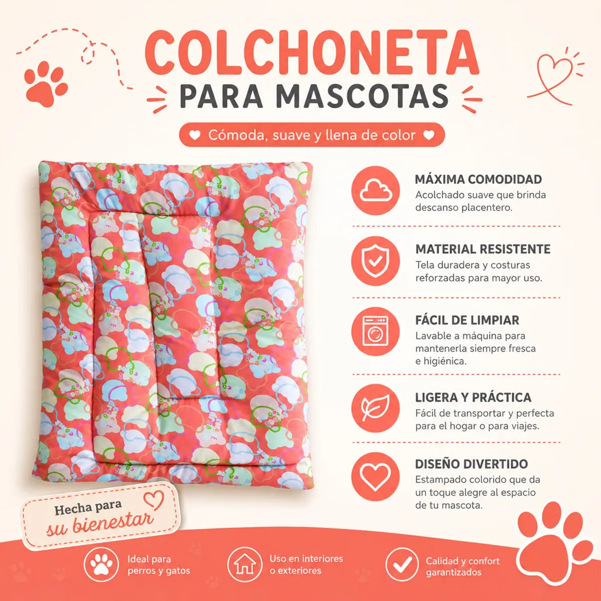 Tapete Estampado Y Acolchado Transportadora Para Mascota Ositos Rosa