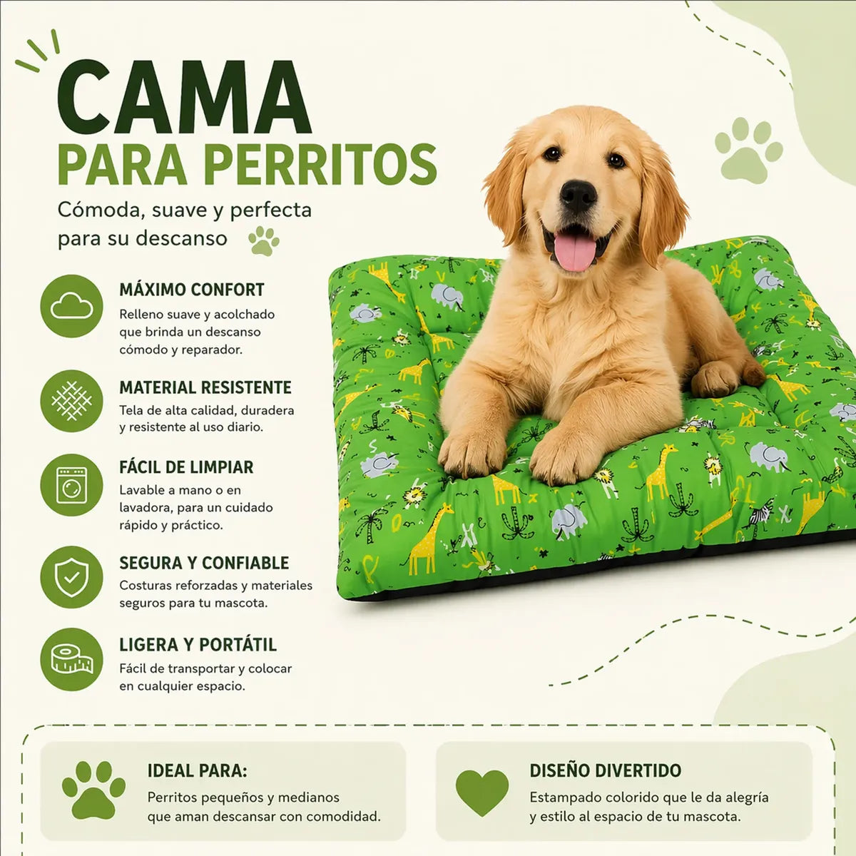 Tapete Estampado Y Acolchado Transportadora Para Mascota Safari Verde