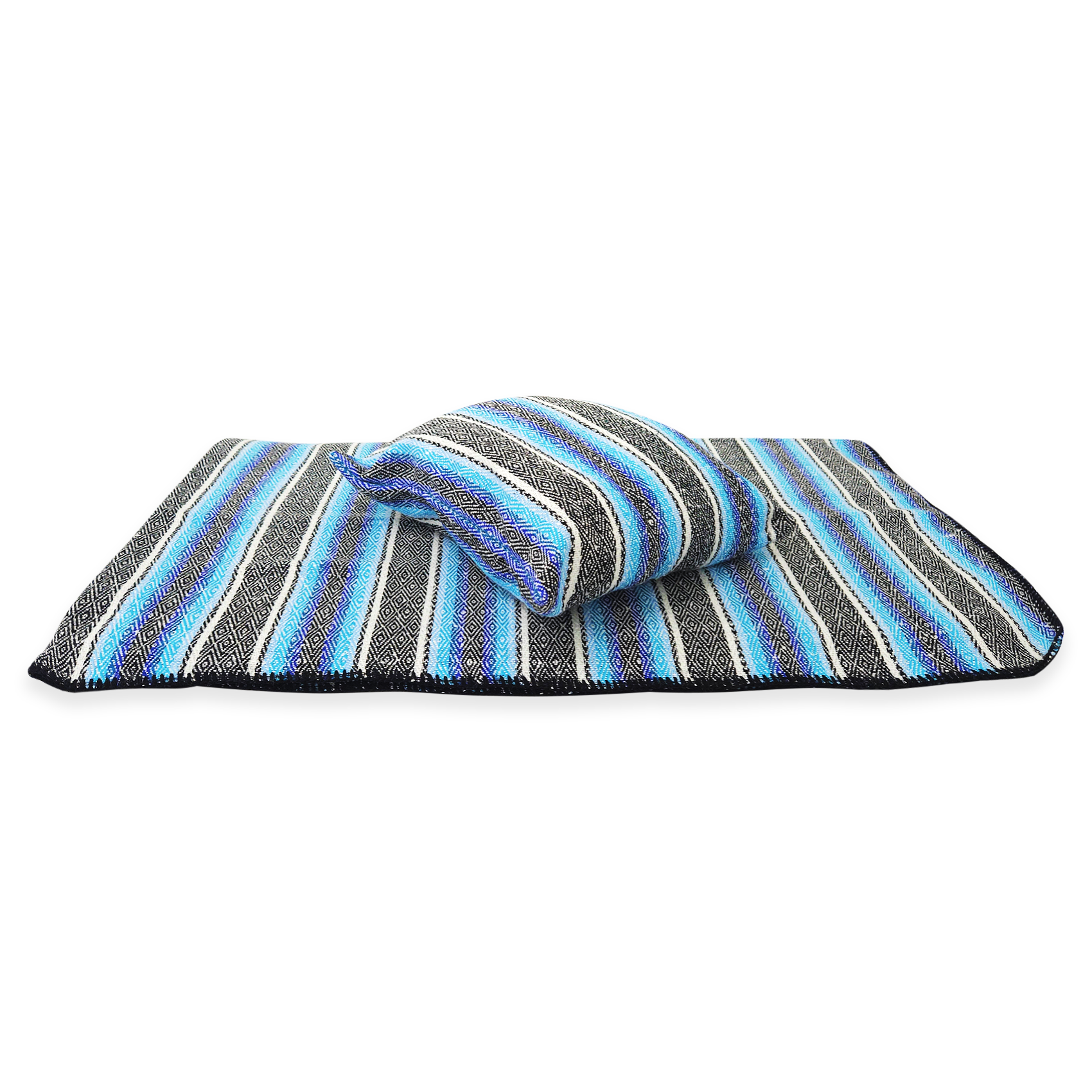 Frazada De Viaje Artesanal Con Almohada Set De Descanso Azules