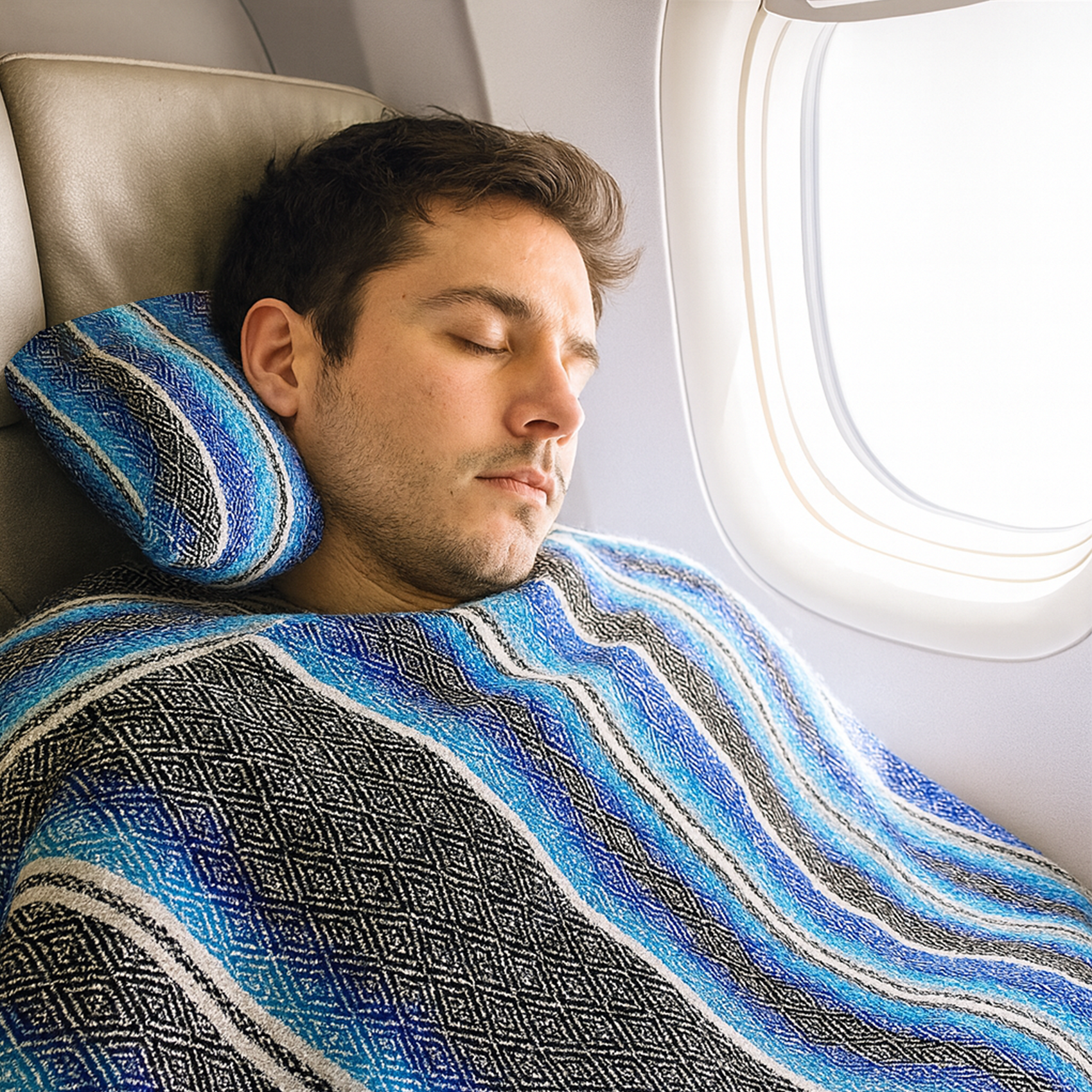 Frazada De Viaje Artesanal Con Almohada Set De Descanso Azules