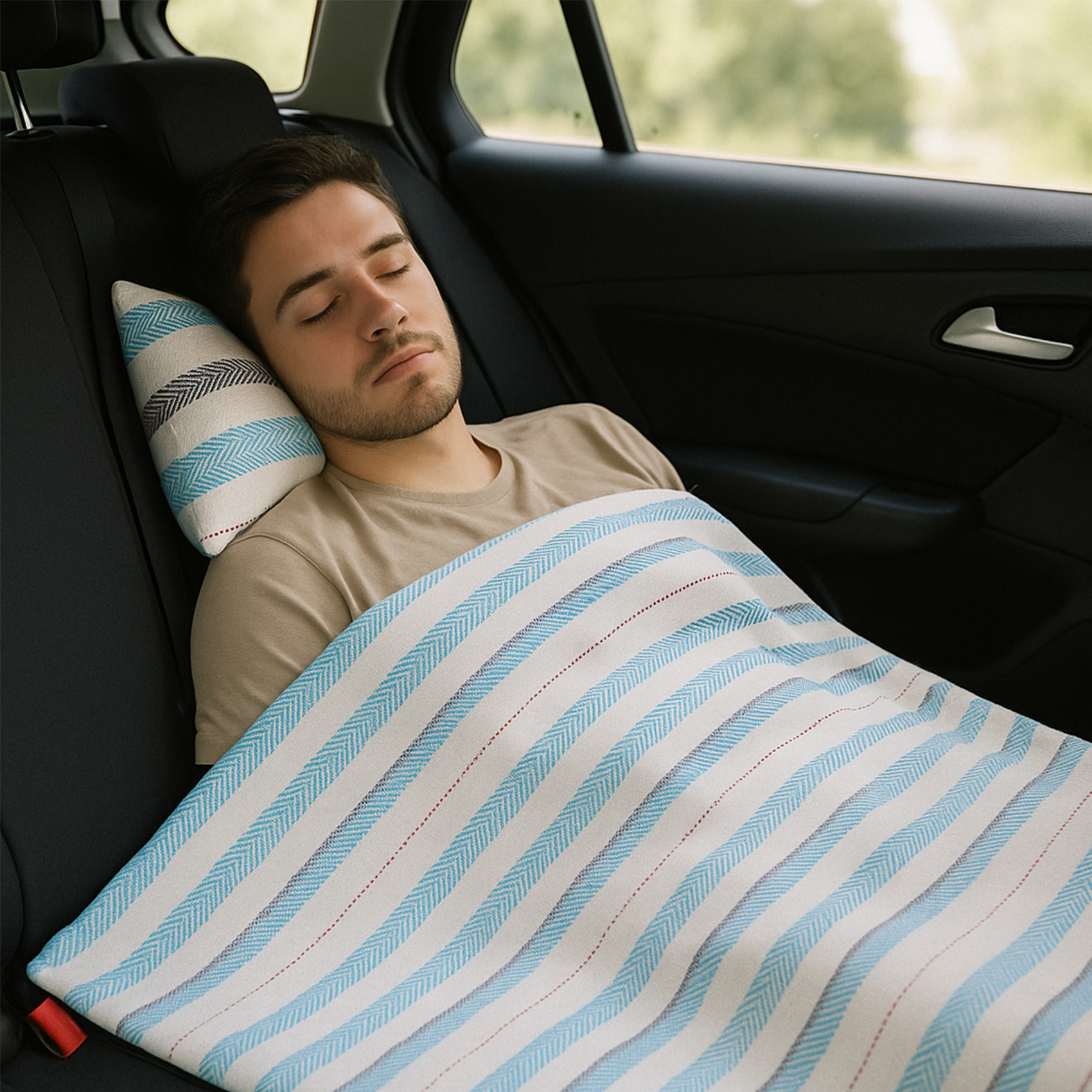 Frazada De Viaje Artesanal Con Almohada Set De Descanso Azul / blanco