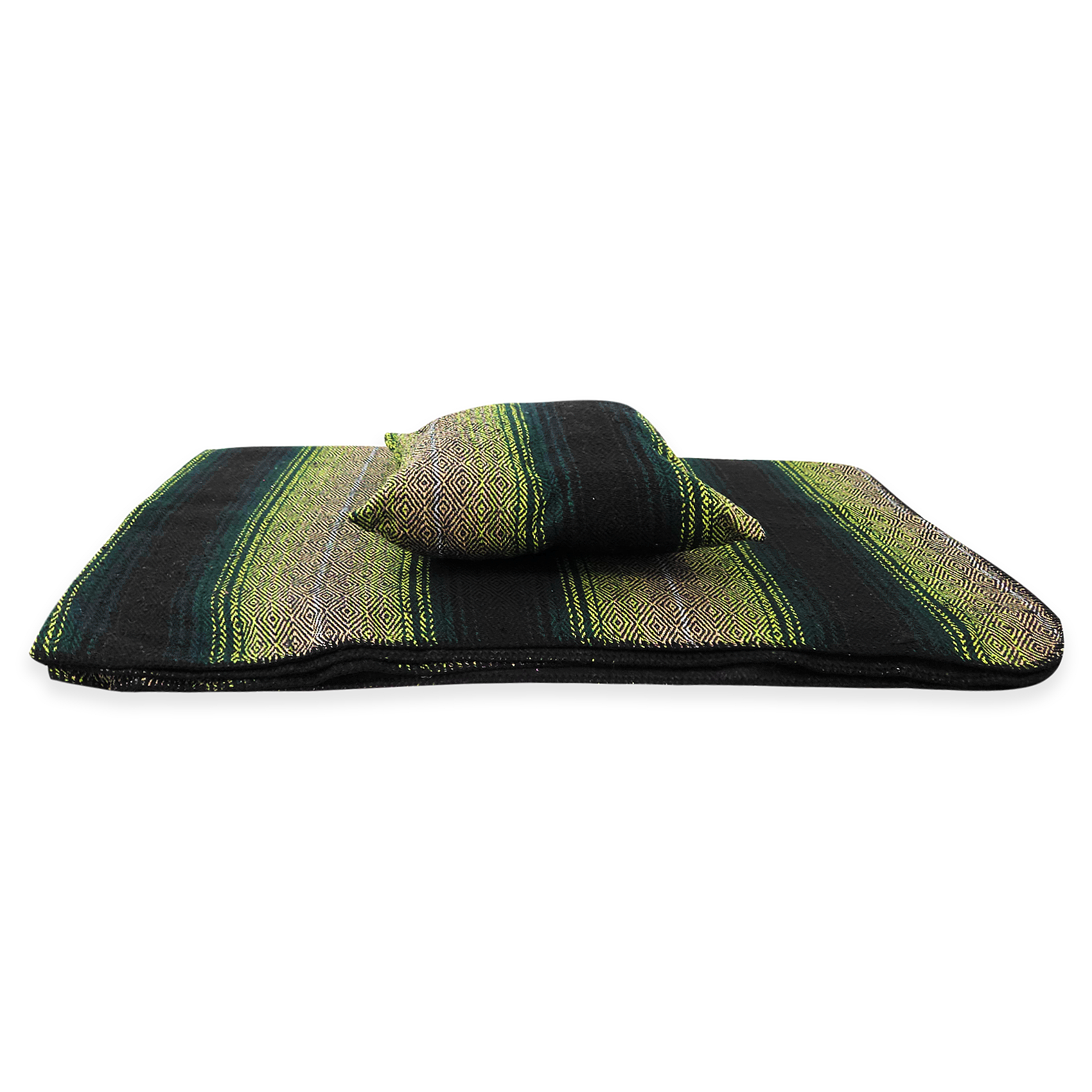 Frazada De Viaje Artesanal Con Almohada Set De Descanso Verdes