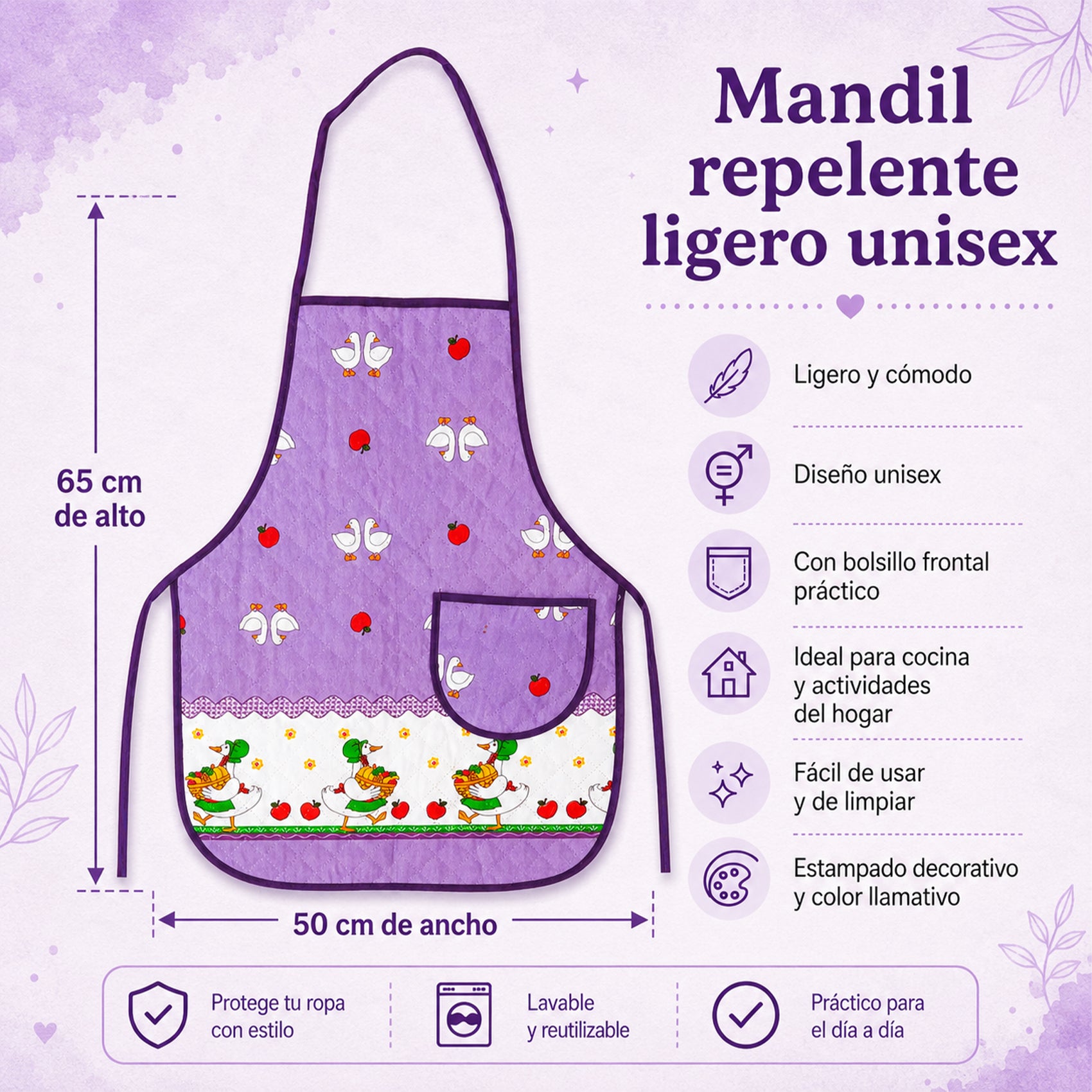 Mandil Delantal Ajustable Multiusos Repelente 65x50cm Lila Patos