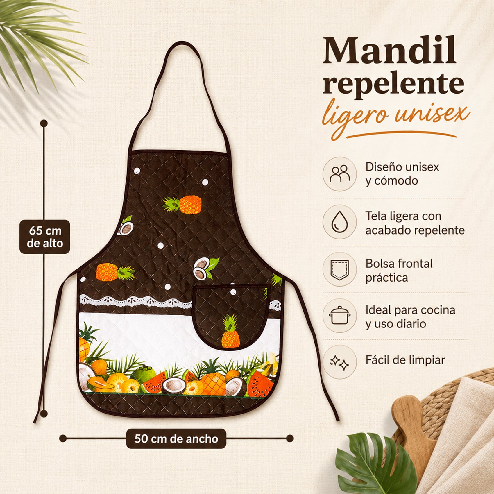 Mandil Delantal Ajustable Multiusos Repelente 65x50cm Marrón Frutos