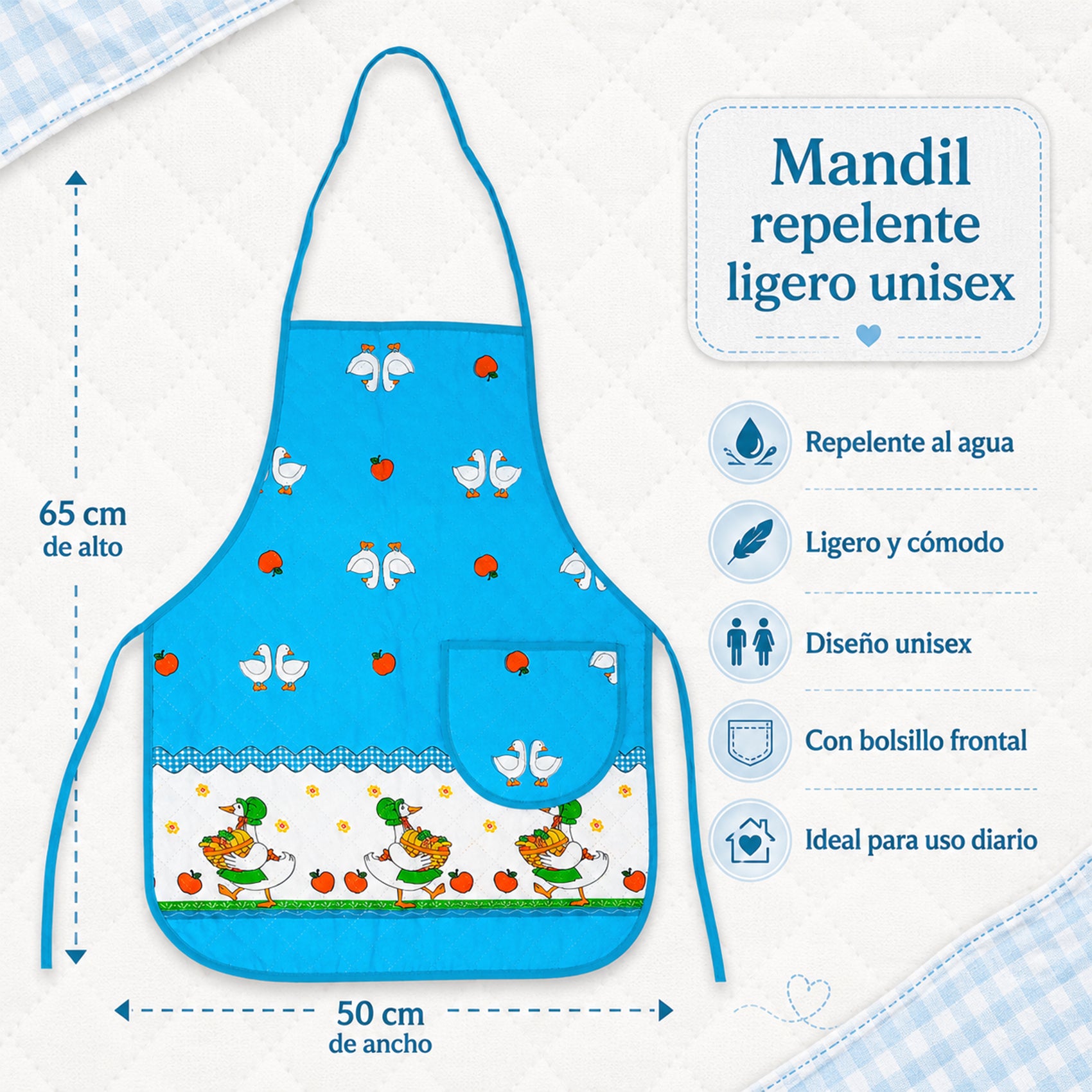 Mandil Delantal Ajustable Multiusos Repelente 65x50cm Azul Patos
