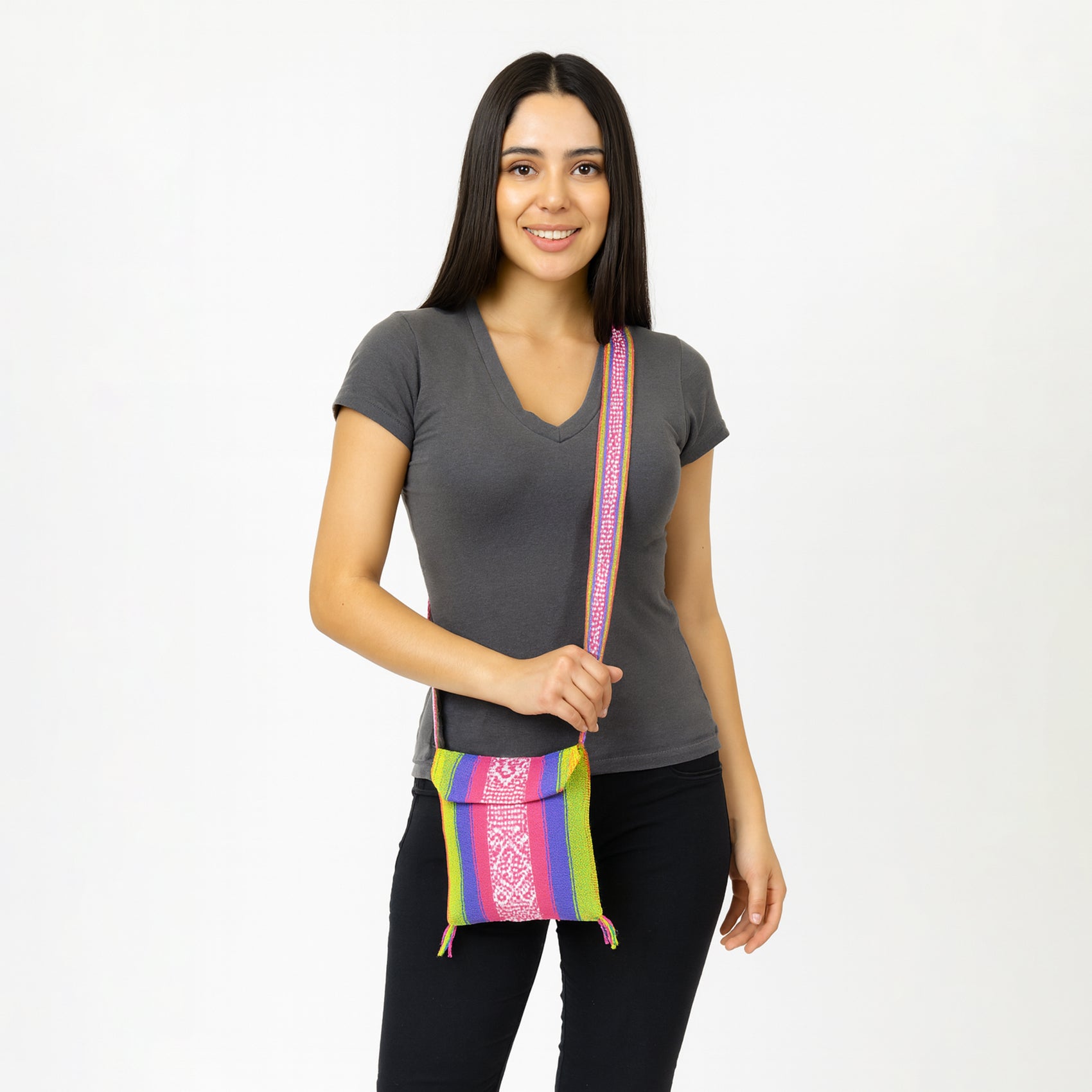 Morral Artesanal Pequeño Con Correa Ajustable Unisex 16x20cm Arcoíris
