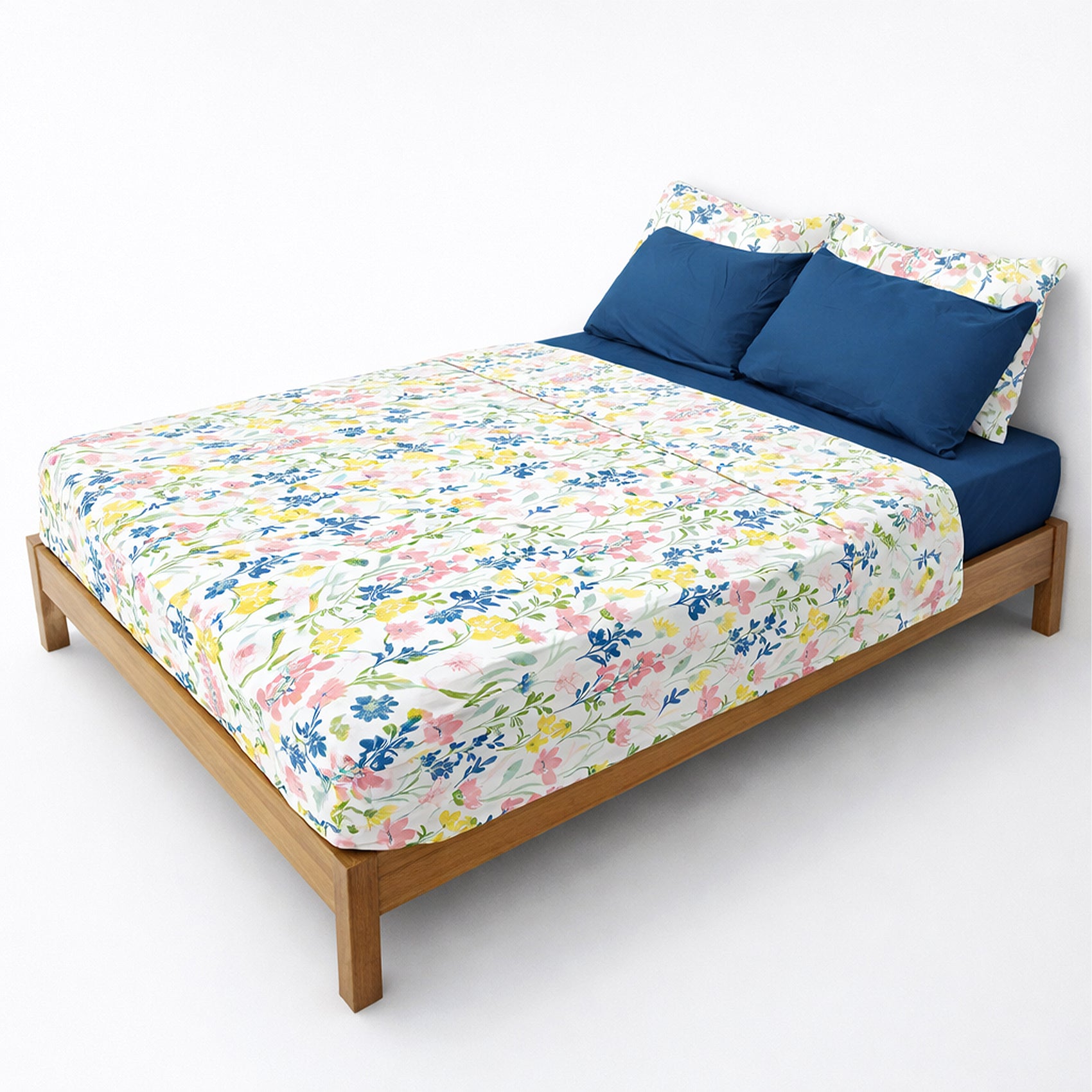 Juego De Sabanas Matrimonial 6pz Tacto Algodón Ultra Suave Azul Flores