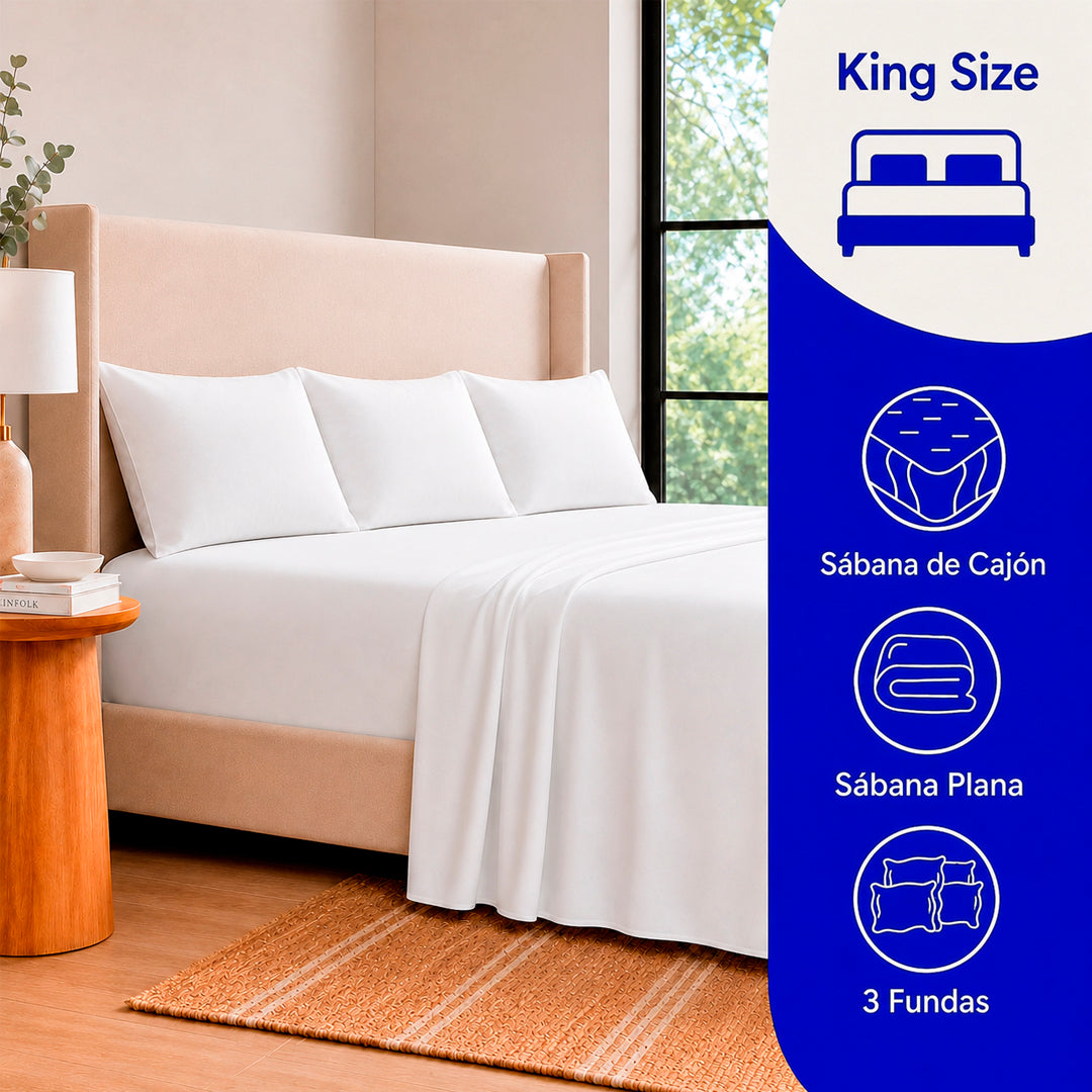 Juego De Sábanas King Size Algodón Y Poliéster + Fundas Blanco Liso