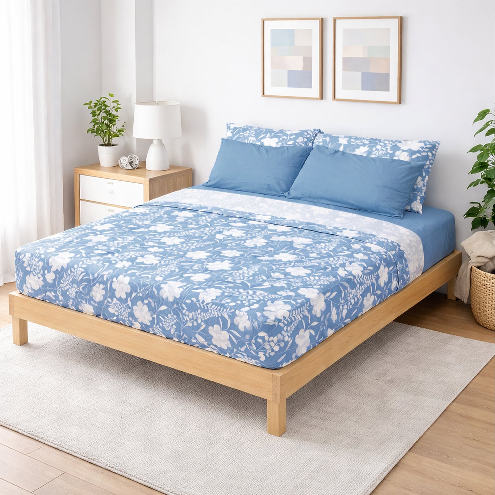 Juego De Sabanas King Size 6pz Tacto Bamboo Flores Azul