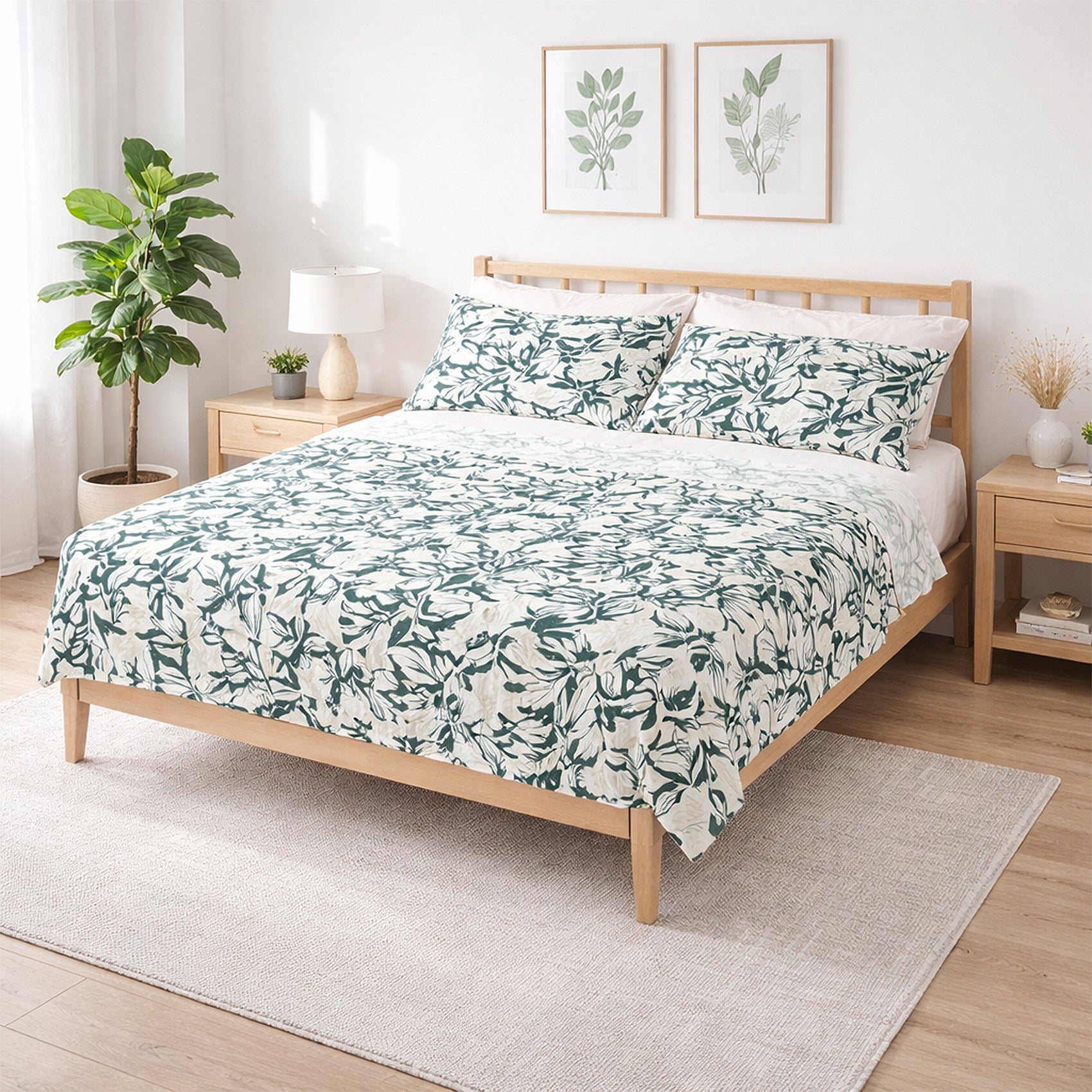 Juego De Sabanas King Size 6pz Tacto Bamboo Flores Verdes