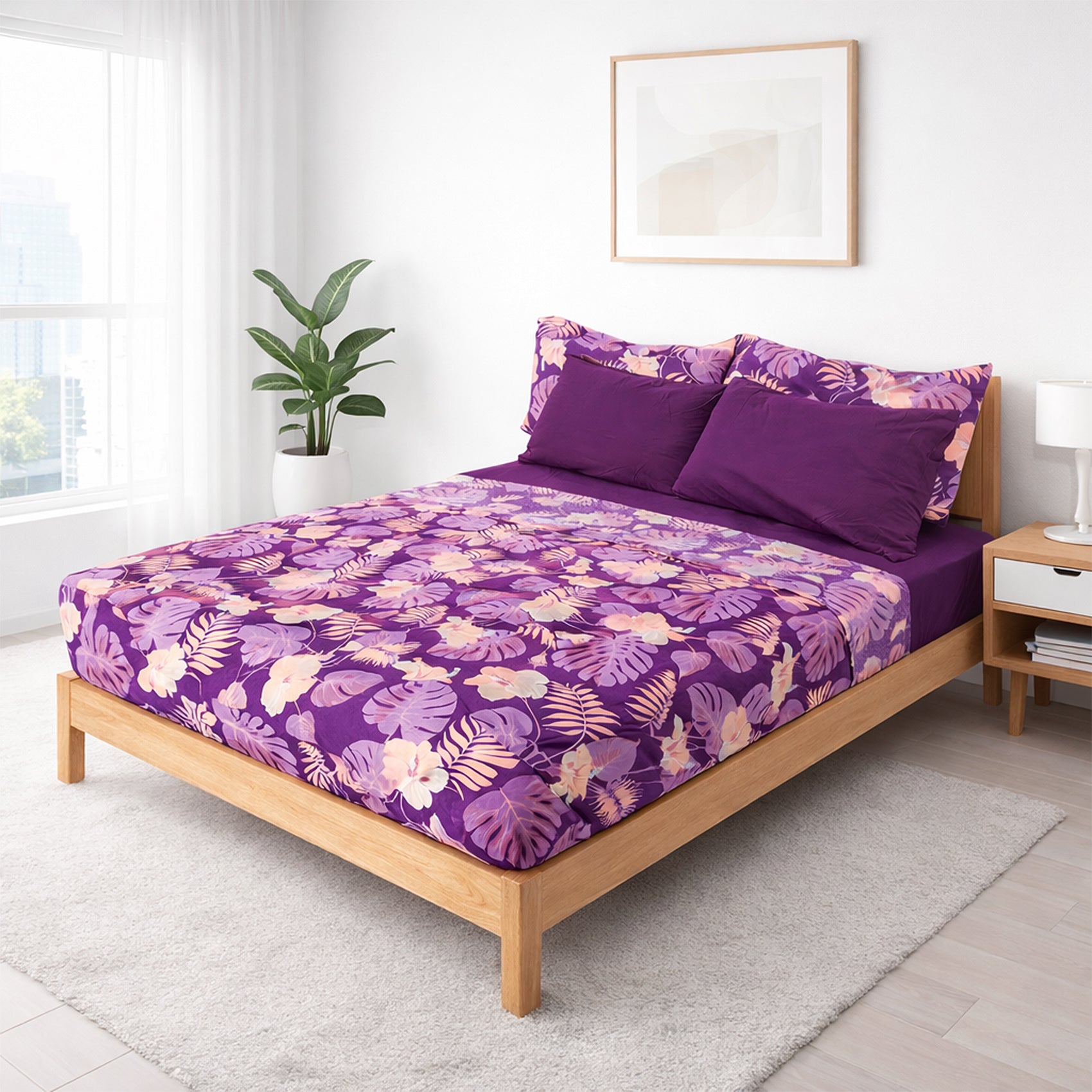 Juego De Sabanas King Size 6pz Tacto Bamboo Hojas Morado One Million®