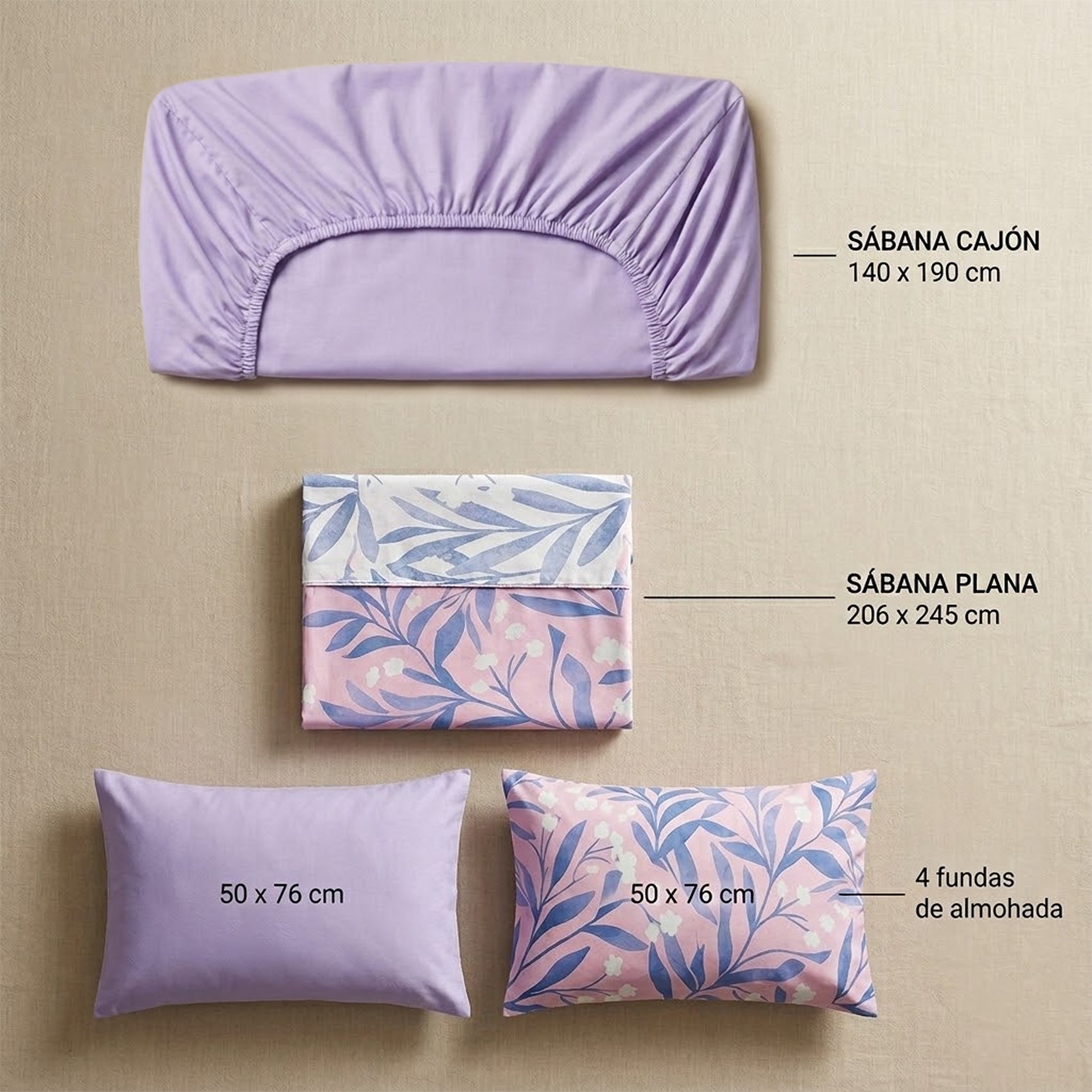 Juego De Sabanas Matrimonial 6pz Tacto Algodón Ultra Suave Lila Hojas