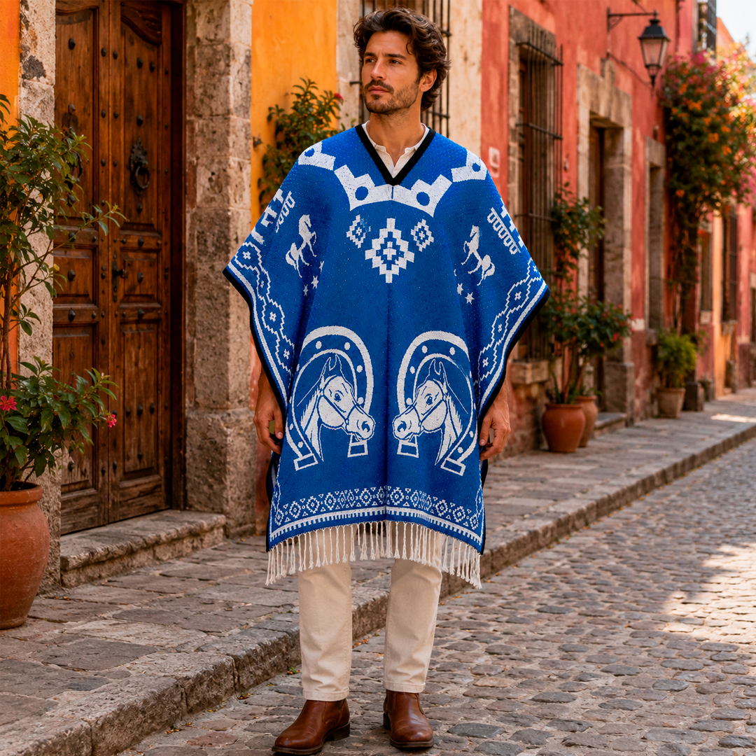 Jorongo Gaban Artesanal Mexicano Herraduras Azul