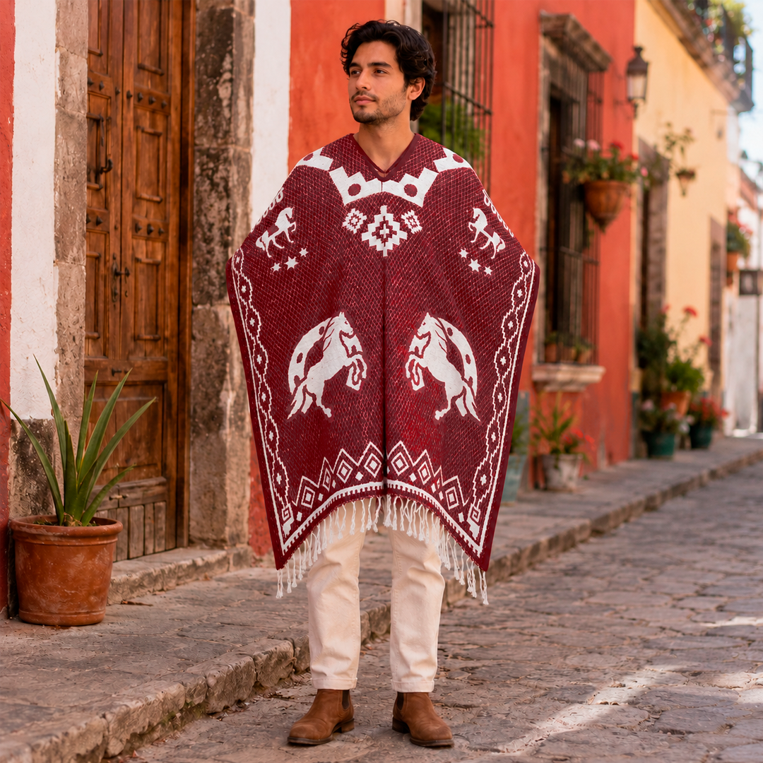 Jorongo Gaban Artesanal Mexicano Caballos Herradura Vino