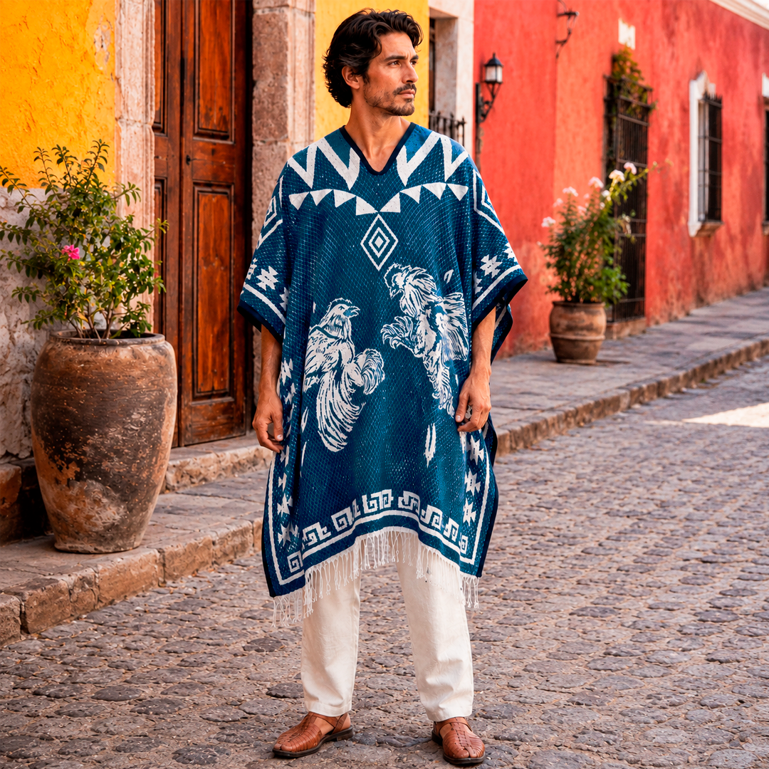 Jorongo Gaban Artesanal Mexicano Gallos Azul