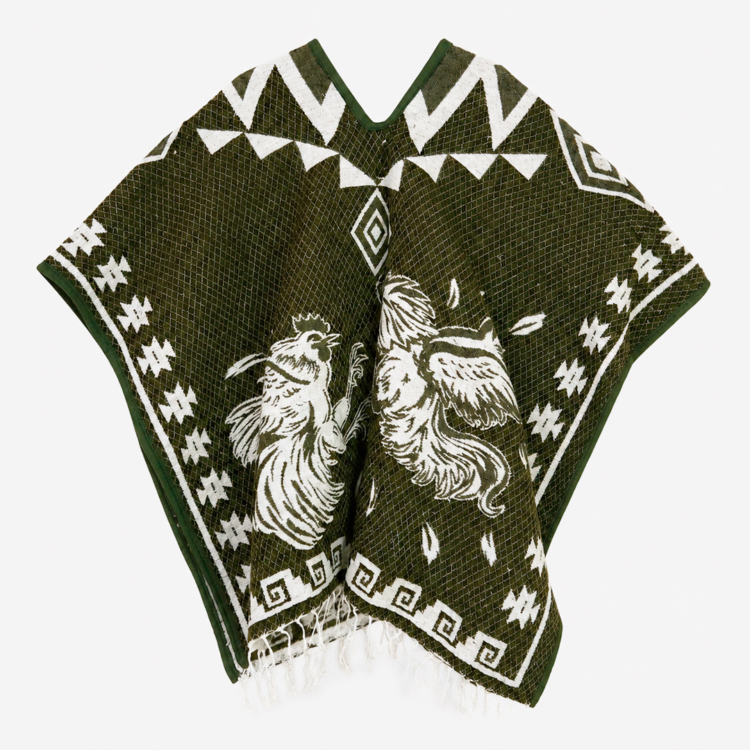 Jorongo Gaban Artesanal Mexicano Gallos Verde Musgo